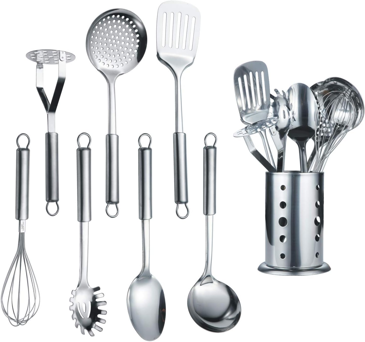 Berglander Cooking Utensil Set 8 Piece, Stainless Steel Kitchen Tool Set with Stand,Cooking Utensils, Slotted Tuner, Ladle, Skimmer, Serving Spoon, Pasta Server,Potato Maseher, Egg Whisk. （8 Pieces）