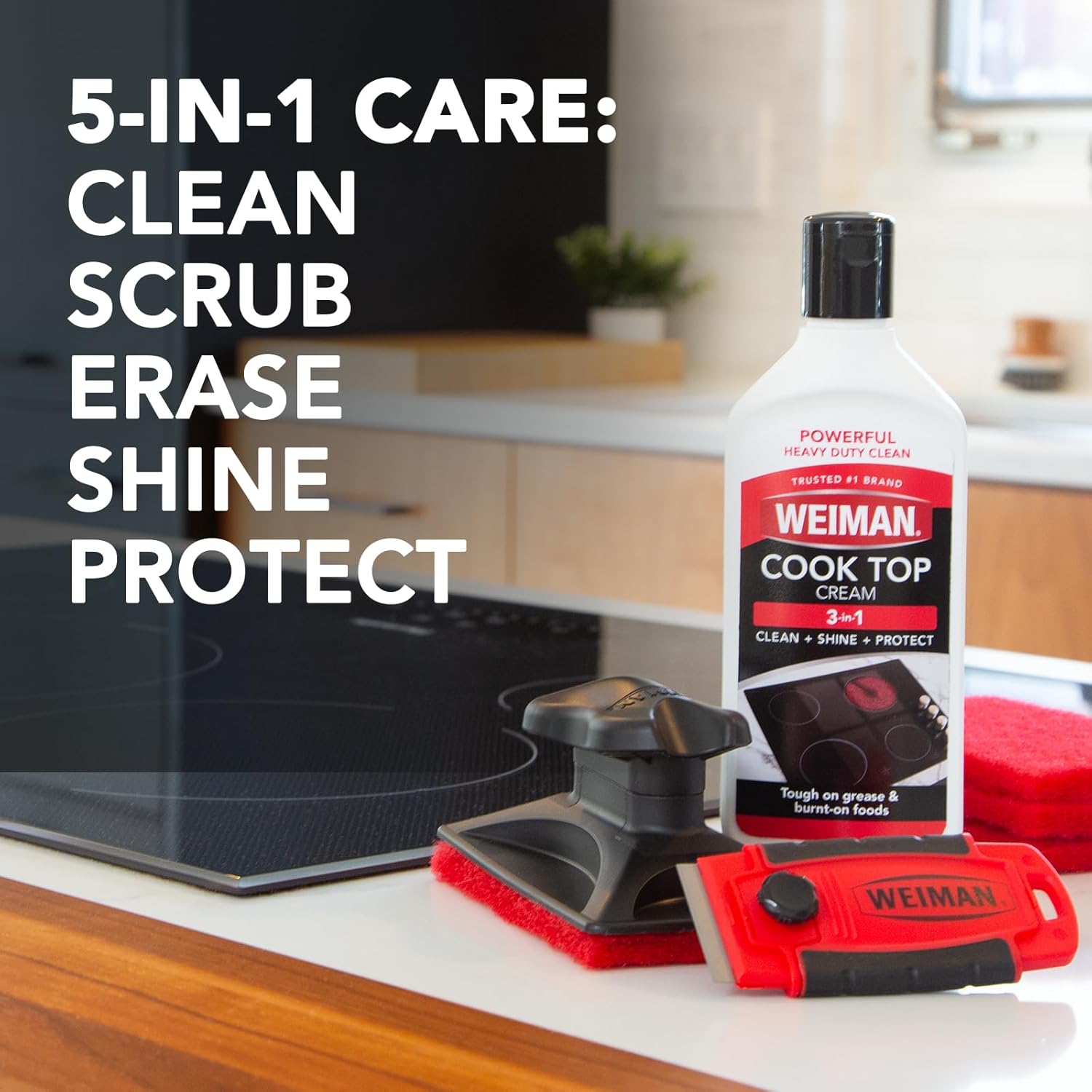 Weiman Glass & Ceramic Cooktop, Stove Top & Oven Cleaner Kit – Kitchen Cleaner Cream, 3 Scrubbing Pads & Scraper for Burnt-On Food & Grease, Clean Shine – Safe for Induction, Electric & Gas Cooktops