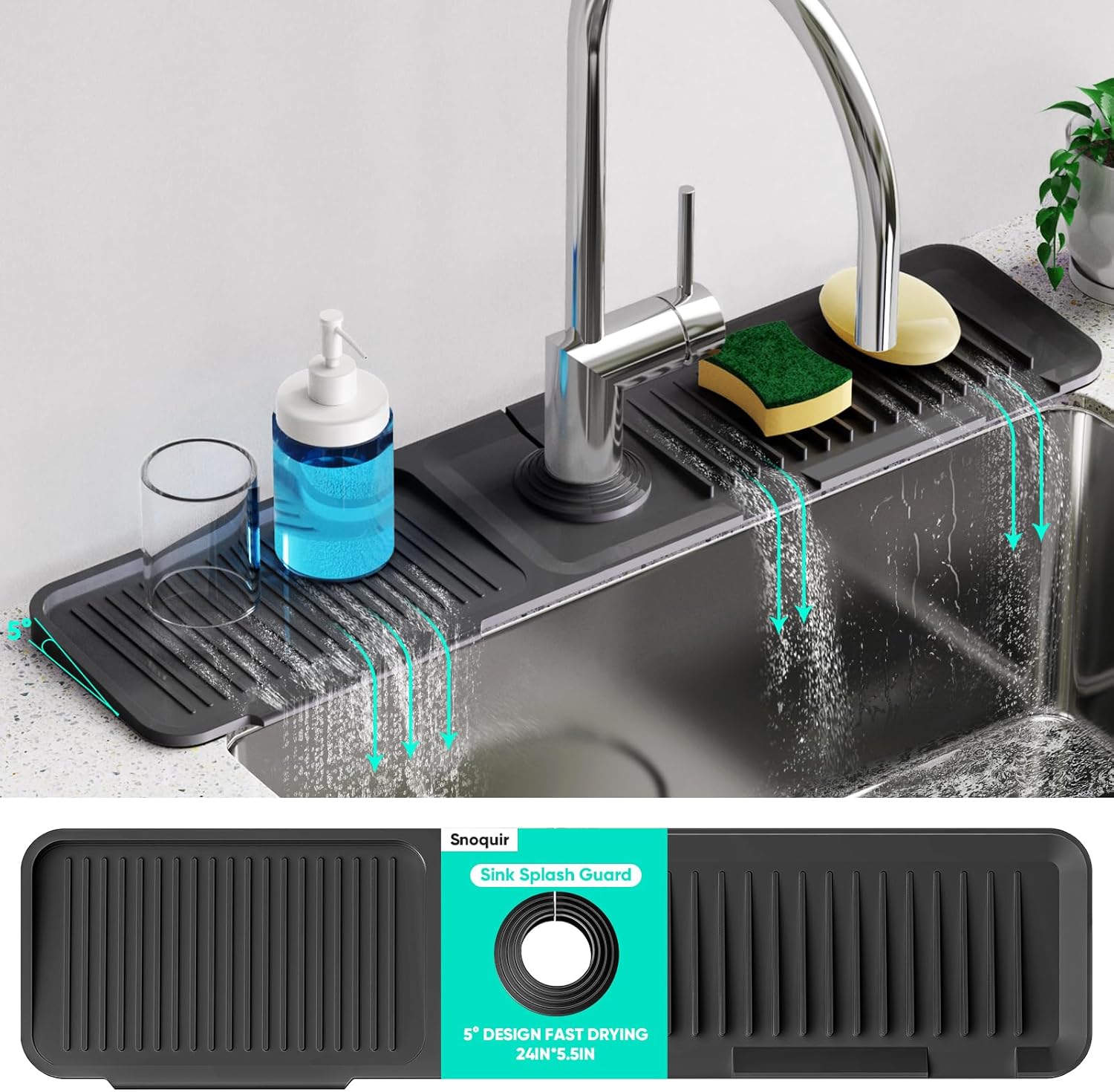 24 Inch Longer Faucet Mat for Kitchen Sink, 5° Slope Fast Self-draining, Kitchen Sink Splash Guard Silicone Sink Faucet Mat Splash Guard Kitchen Sink Area Tidy Splash Faucet Guard Draining Mat