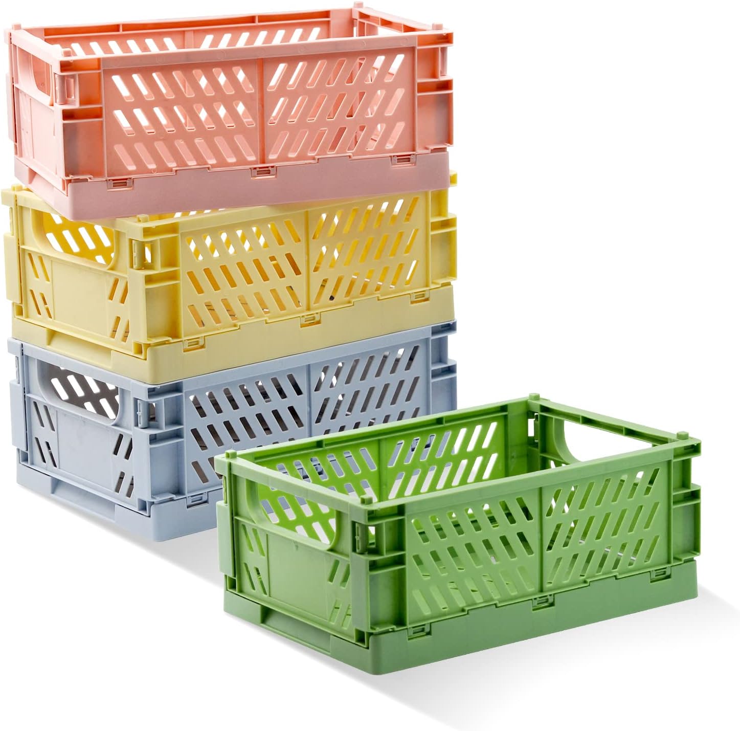 Xhwykzz 4 Pack Pastel Crates for Storage, Plastic Folding Basket, Colorful Small Storage Containers for Bedroom Office Classroom Bathroom Desktop Drawer Organizer Decor (9.8×6.5×3.8inch)