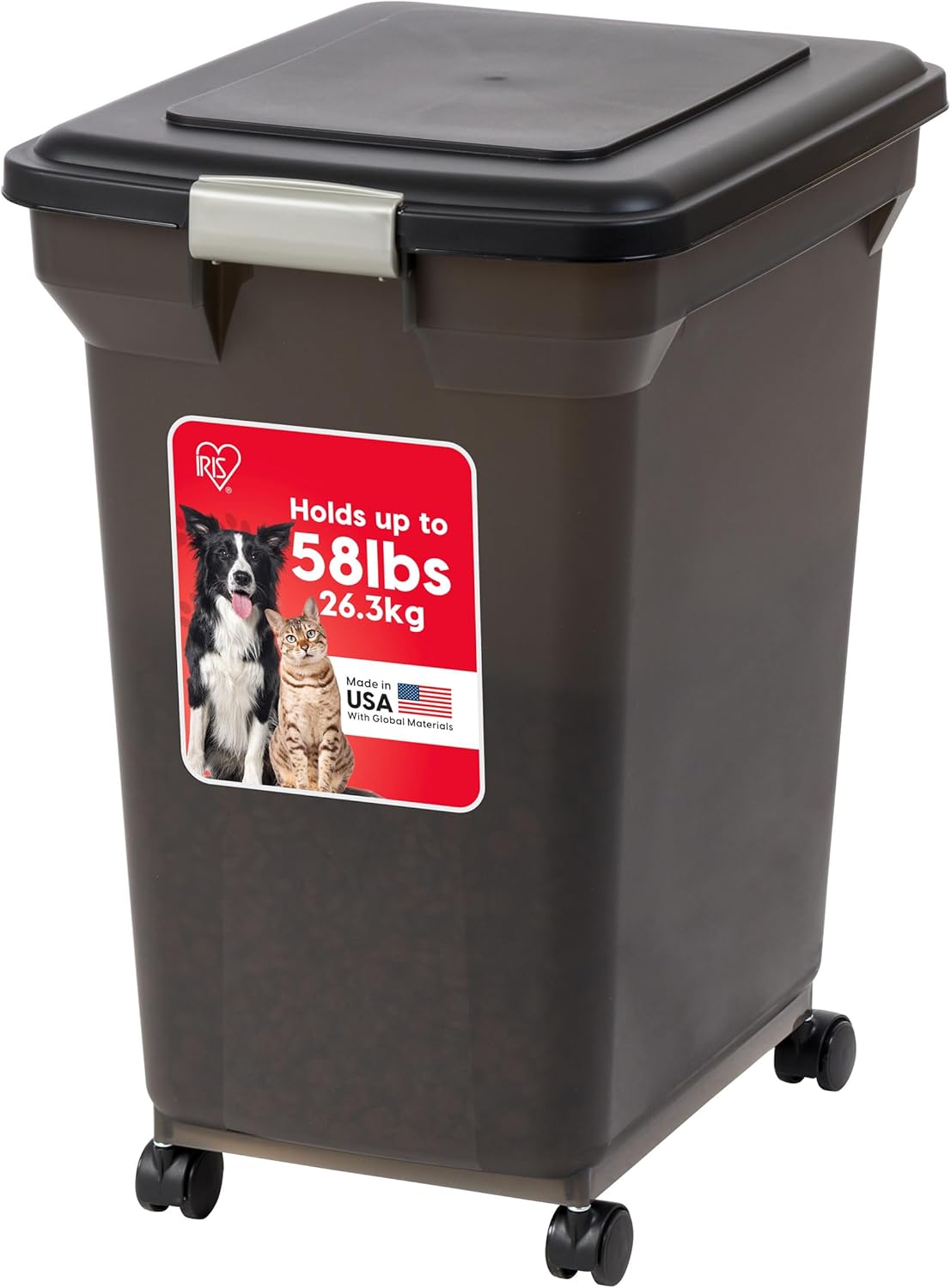 IRIS USA Dog Food Storage Container 58 Lb, Airtight Large Pet Food Storage Bin with Wheels, for Dog Cat Bird Chicken Food, Holds Up to 58 lbs, Keep Fresh, BPA Free, Made in USA, Black