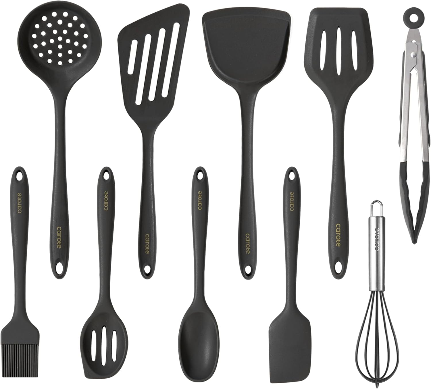 CAROTE Kitchen Utensil Set for Nonstick Cookware – 446°F Heat Resistant Silicone Cooking Utensils Set 10pcs, Dark Grey, Oderless Spatula, Turner