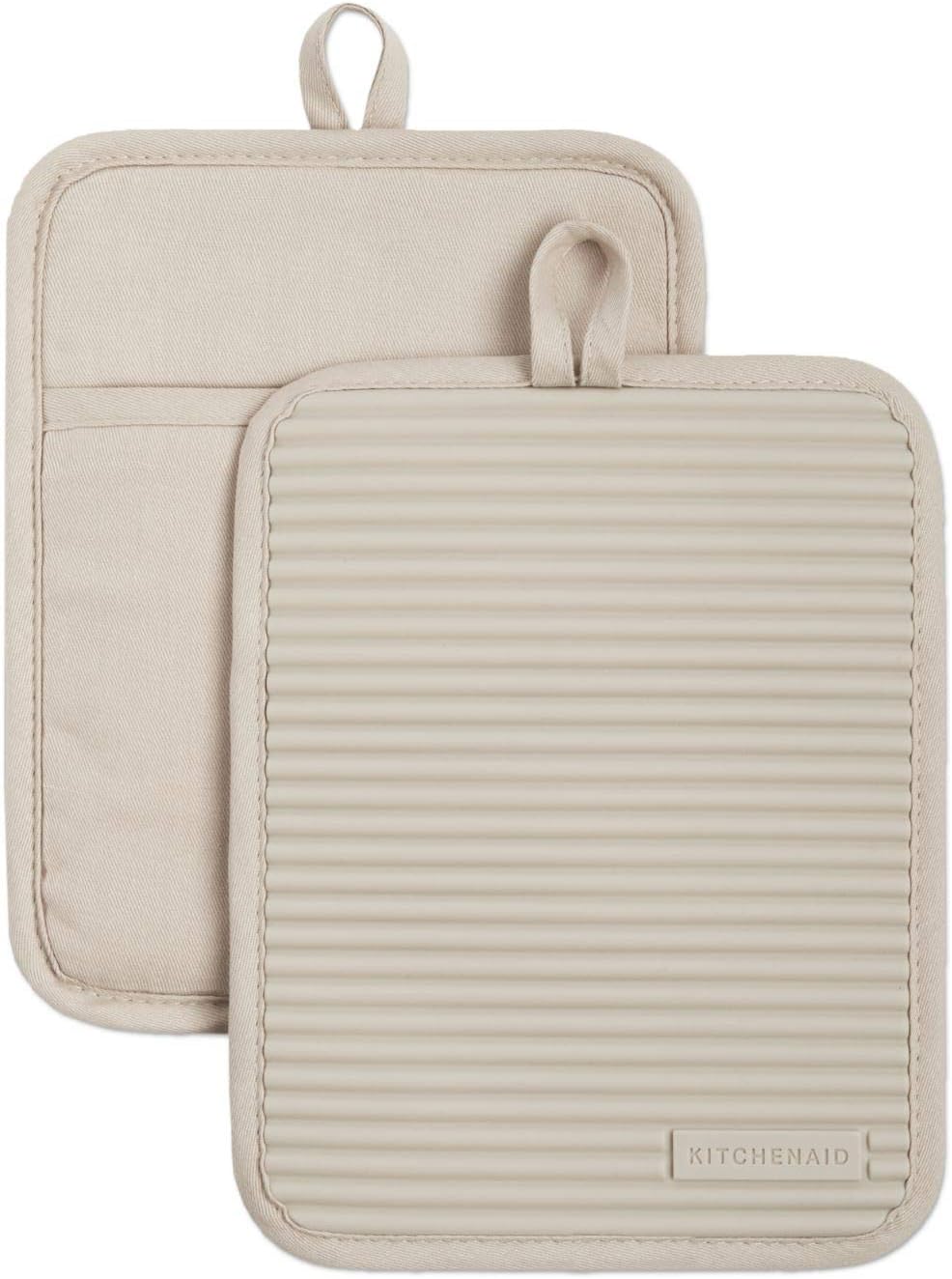 KitchenAid Ribbed Soft Silicone Pot Holder 2-Pack Set, Milkshake Tan, 7″x9″