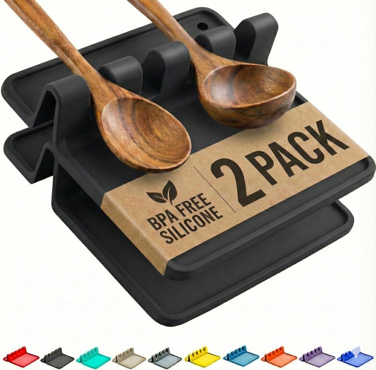 Cooler Kitchen Black Silicone Spoon Rest for Stove Top with Drip Pad (Two Pack) – Heat-Resistant, BPA-Free Utensil Rest & Spoon Holder for Kitchen Counter – Grill Utensil Holder for Spatulas