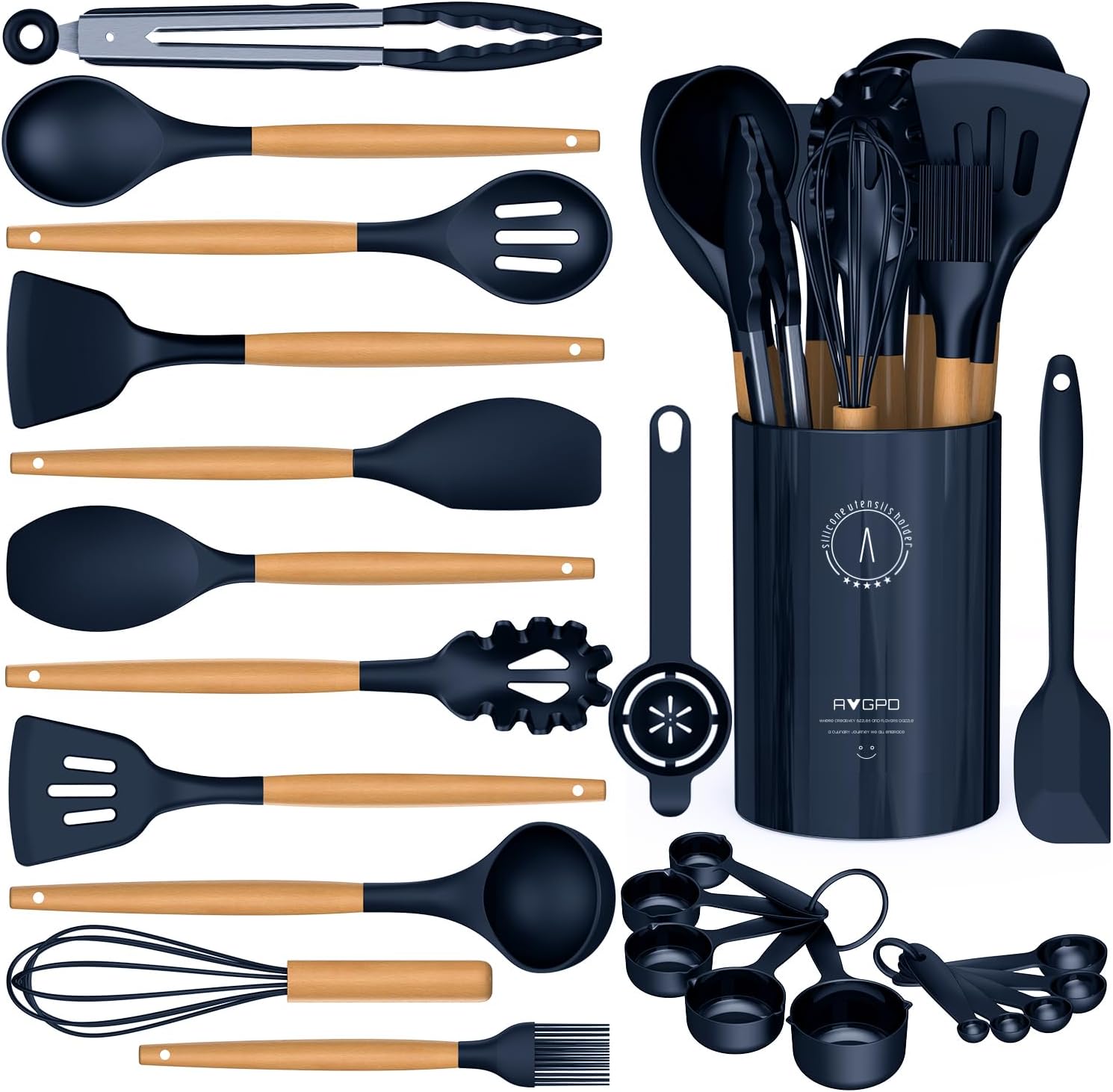 Silicone Cooking Utensils Set – AVGPD Silicone Kitchen Utensils for Cooking Wooden Handles, 446°F Heat Resistant Kitchen Utensil Spatula Sets, Gadgets for Non-Stick Cookware BPA FREE (Navy Blue)