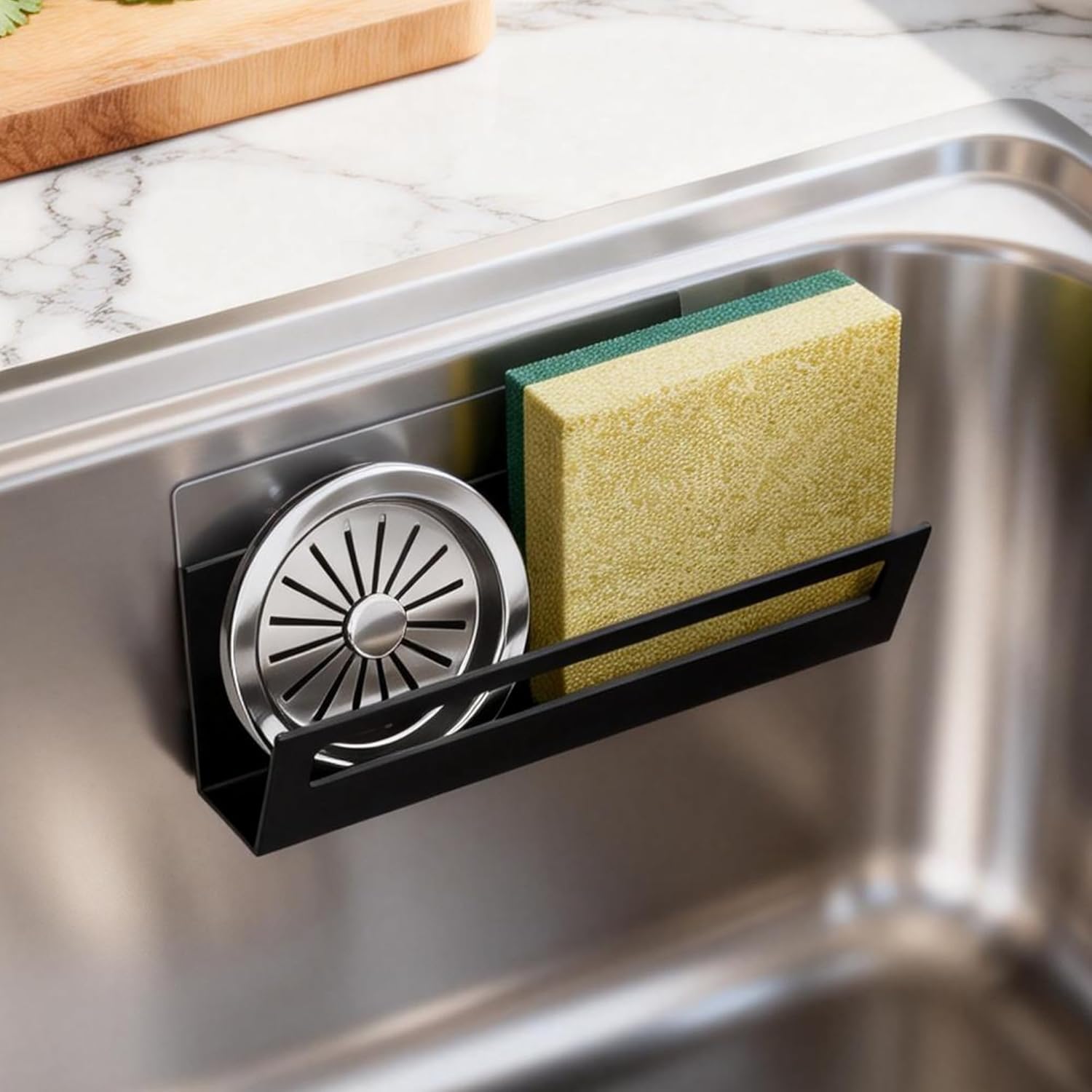 Sponge Holder for Kitchen Sink with Suction Cups & Adhesive Hook, Rustproof In-Sink Sponge Holder, Space-Saving Wall Hanging Sink Caddy Organizer Rack – Sponge, Dish Cloth, Brush – Stainless Steel