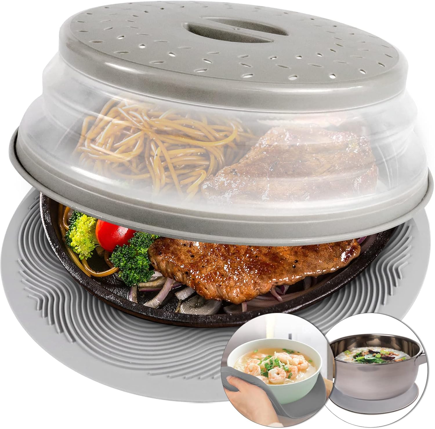 2 in 1, Aidacom Microwave Splatter Cover for Food & Silicone Microwave Mat, Mat as Bowl Holder, Trivet, Pot Holders, Drying, Baking, Utensils Rest for Kitchen Counter, Dishwasher Safe, Grey