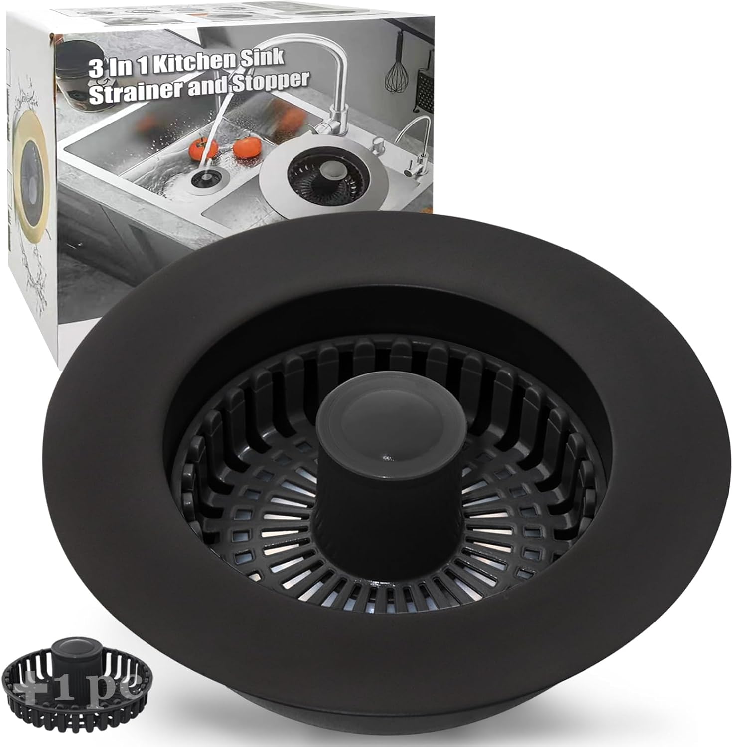 Anlige Kitchen Sink Drain Strainer, 3 in 1 Pop Up Kitchen Sink Stopper, with An Extra Basket Strainer, Universal for US Standard 3-1/2 Inch, Black