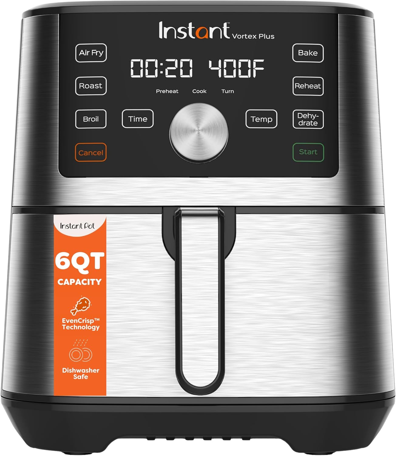 Instant Pot 6QT VORTEX Plus Air Fryer, 6-in-1, Air Fry, Broil, Dehydrate, Crisp, Roast, Reheat, Bake, Dishwasher-Safe Airfryer basket, from the Makers of Instant Pot, Stainless Steel