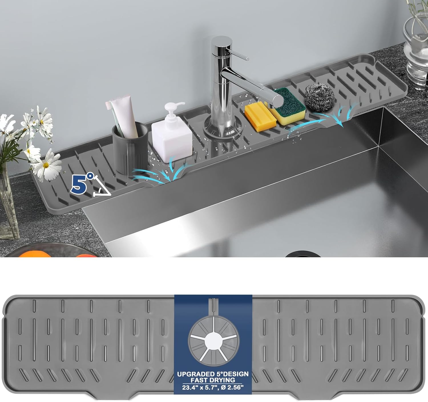 Silicone Faucet Handle Drip Tray Pad with Soap and Sponge Holder, Kitchen Sink Splash Guard, Drying Mat for Counter and Bathroom Accessories