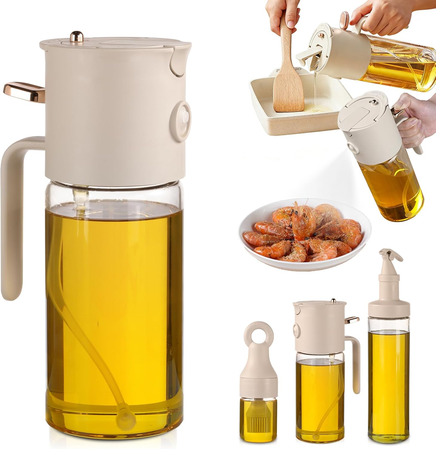 580ml/19.6oz Olive Oil Sprayer Bottle for cooking, 3-in-1 Oil dispenser Bottle + FREE 2-Piece Kitchen gadgets (Basting Brush & Spice Shaker) – Perfect for kitchen, Air Fryer, Baking, BBQ & Salad.