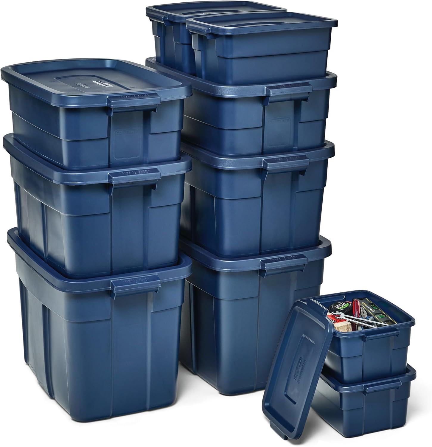 Rubbermaid Roughneck Tote Variety – |Made in the USA| Dark Indigo Metallic, Rugged Plastic Stackable Storage Tote with Lid and Handles (Pack of 10)