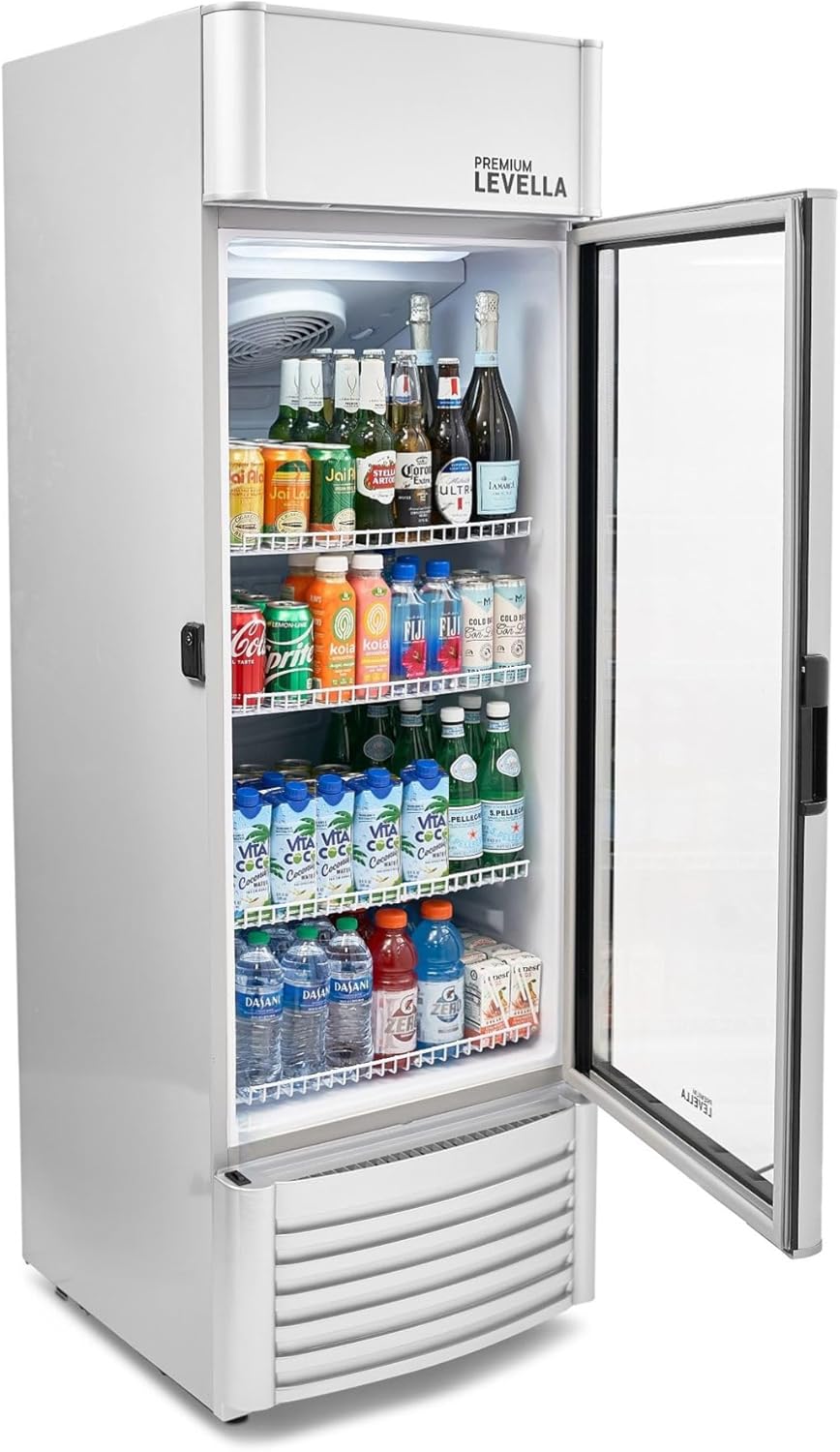 PremiumLevella PRF90DX Glass Door Display Refrigerator 9.0 cu ft Commercial Beverage Cooler Merchandiser With Customizable Lightbox – Silver