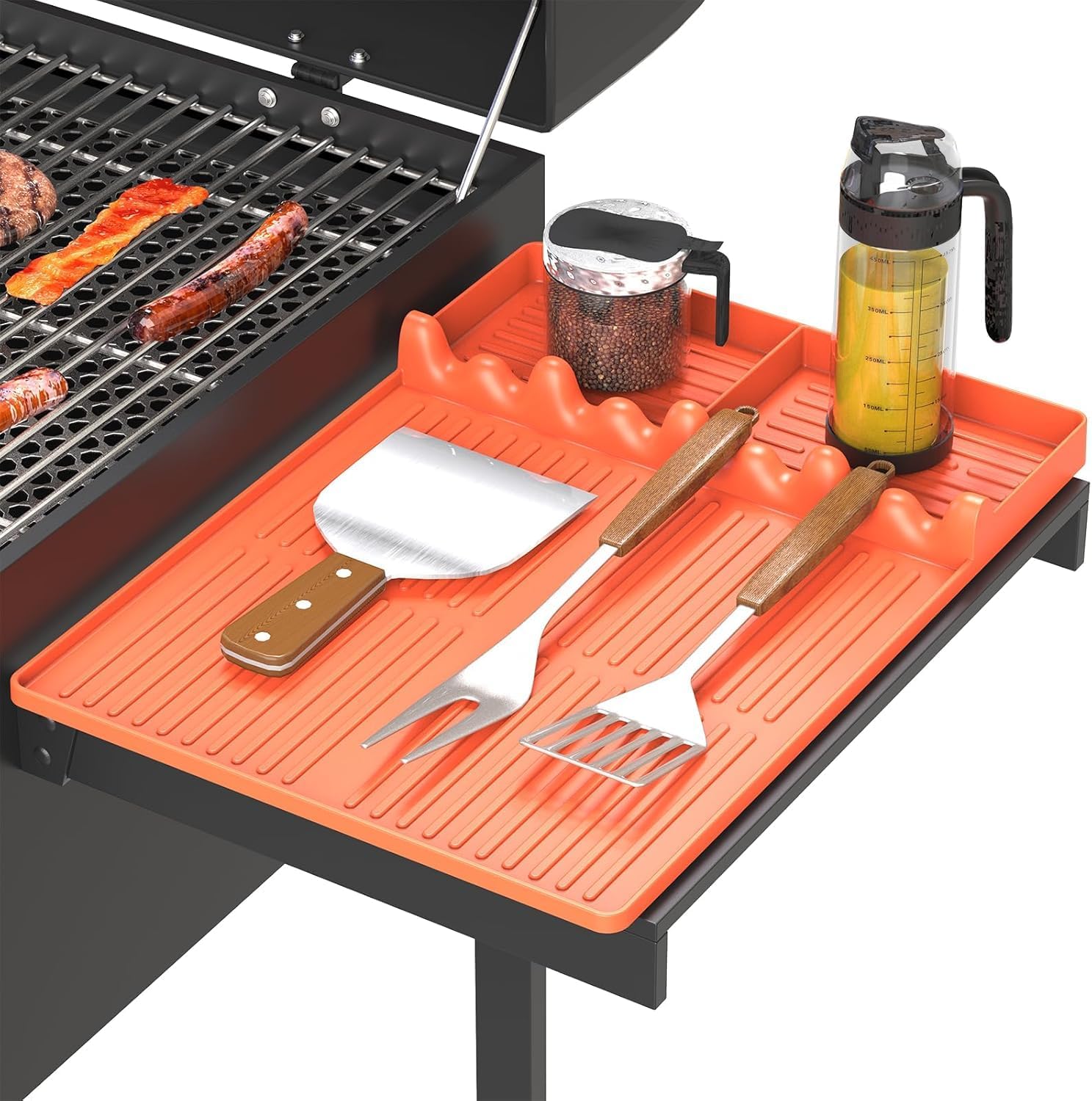 Silicone Griddle Tool Mat Compatible with Blackstone Weber – Flat Top Grill Pellet Smoker Side Shelf Spatula Mat with Drip Pad – Kitchen Cooking BBQ Grilling Accessories – Gift for Men(Orange)