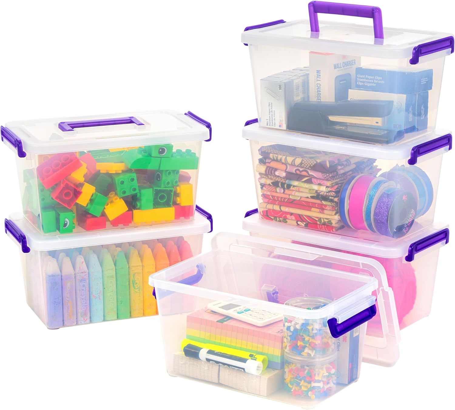 IRIS USA 5 Qt. Plastic Craft Storage Container Bins with Lids, 6 Pack, Small Art & Office Supply Organizer Tote, Sensory Bins & Boxes for Home & University, Stackable, Carry Handle, Clear
