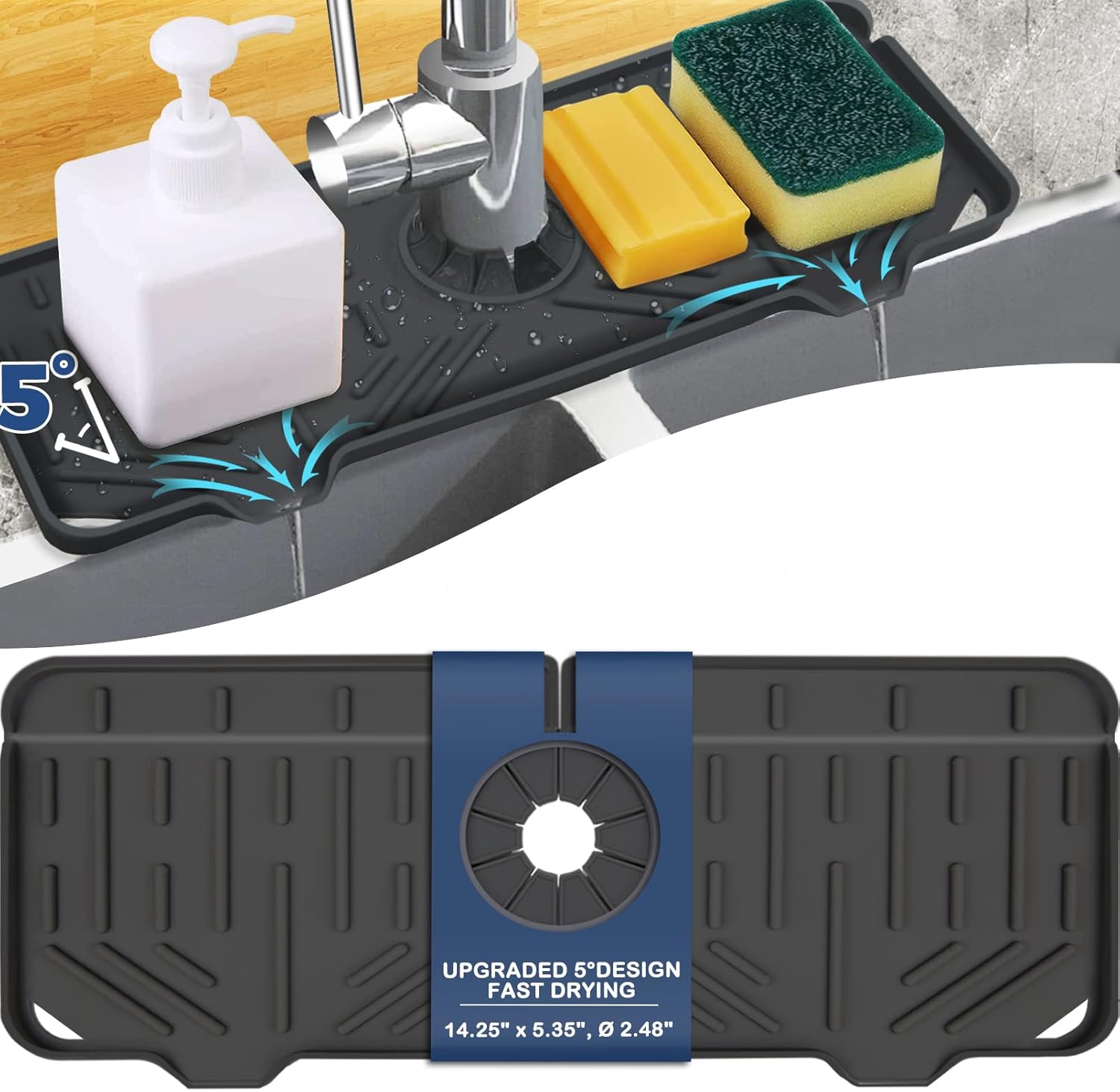 Silicone Faucet Handle Drip Catcher Tray, Silicone Faucet Mat Dish Soap Sponge Holder for Kitchen Sink Accessories Gadgets, Drying Mat for Kitchen Counter Bathroom Kitchen Sink Splash Guard – Black