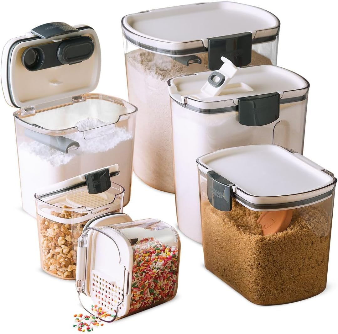Progressive ProKeeper Baker’s Airtight Kitchen Storage Canister Container Set for Flour, Sugar & More, Keeps Ingredients Fresh, with Accessories (Multicolor, 6- Piece)