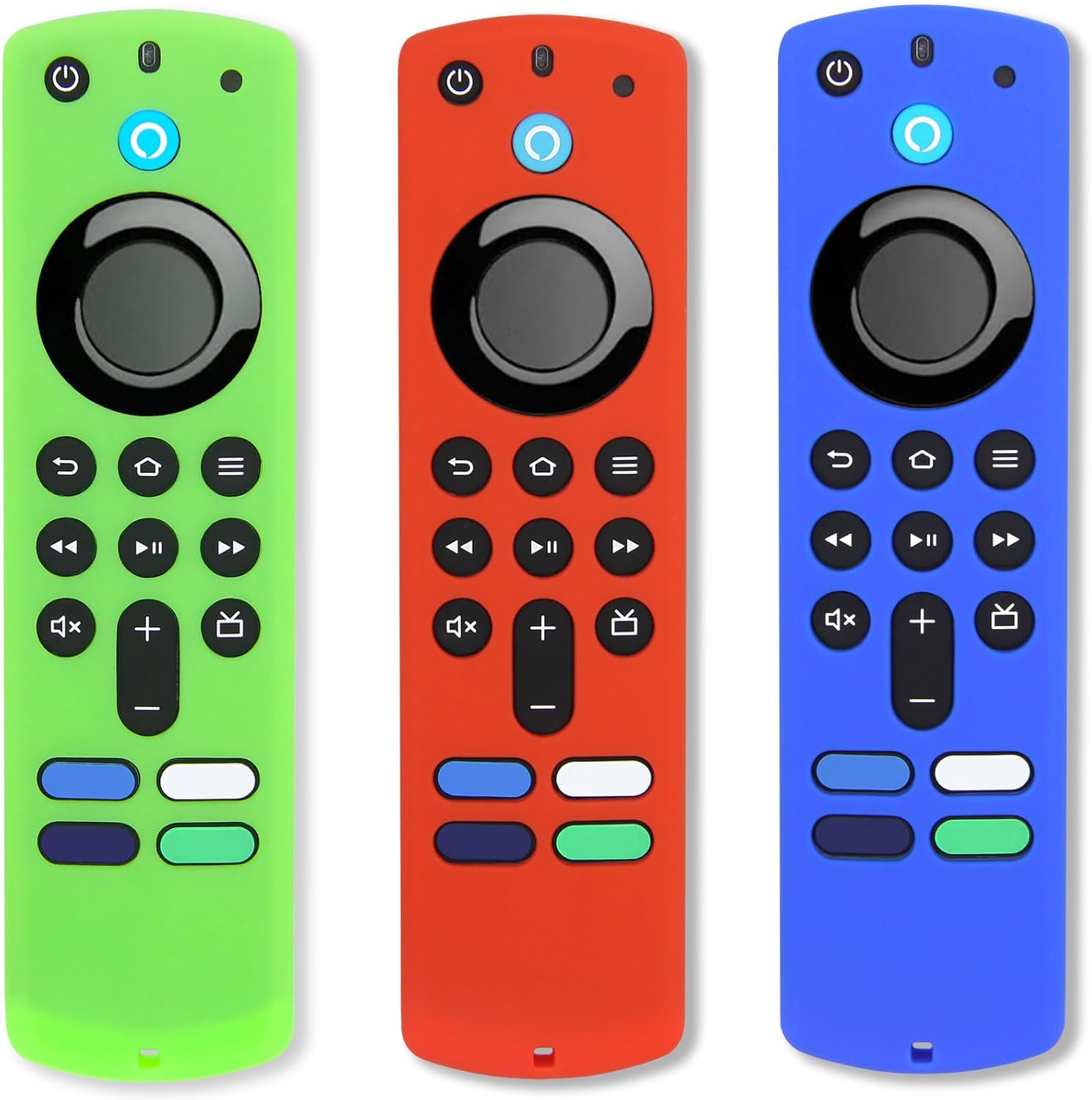 Pinowu Firestick Remote Covers (3pcs) Compatible with Alexa Voice Remote (3rd Gen) with Fire TV Stick 4K, Silicone Cases with Lanyard (Glow Green & Blue & Red) (NOT for HD/4K 2nd 2024)