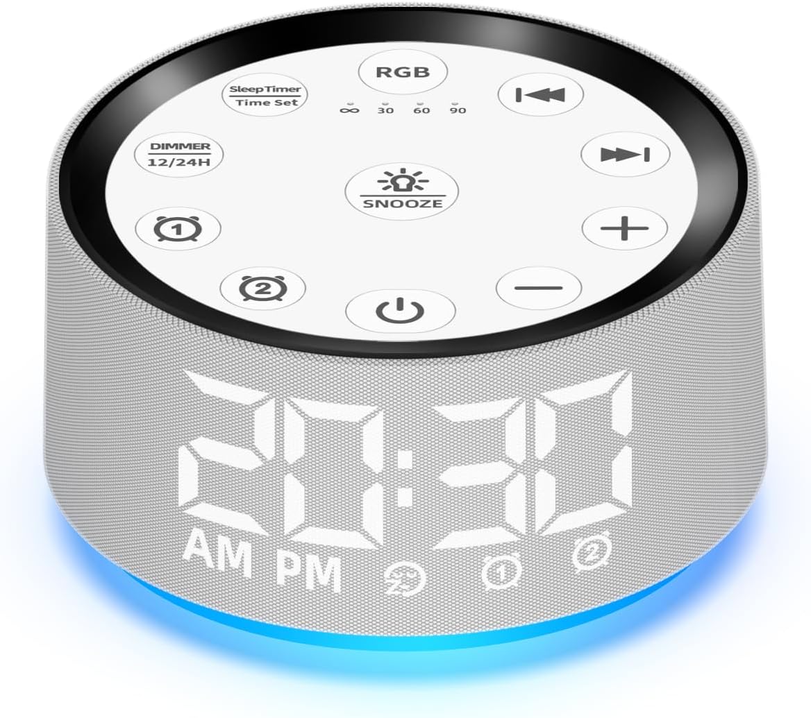 Alarm Clock Sound Machine White Brown Noise Machine with 30 Sleeping Sounds for Baby Kids Adults Night Light Bedroom 2 Alarms Backup Battery 32-Level Vol 15 Wake up Sounds for Mild Heavy Sleeper