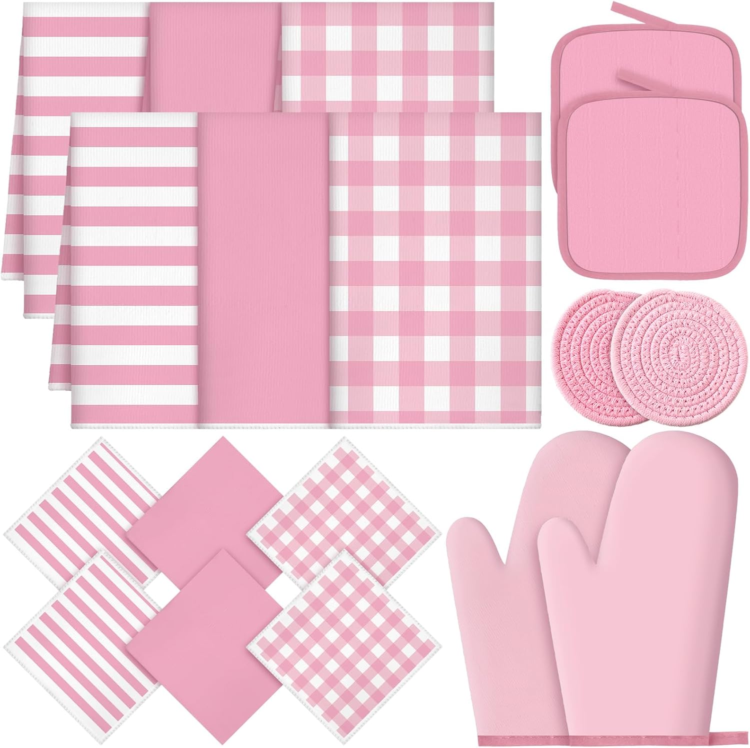 Sratte 18 Pcs Pink Kitchen Decor Accessories Set Oven Mitts Pot Holders Kitchen Towels Dishcloths Oven Gloves Dish Towels Heatproof Potholders Pink and White Striped Gingham Plaid for Baking Cooking