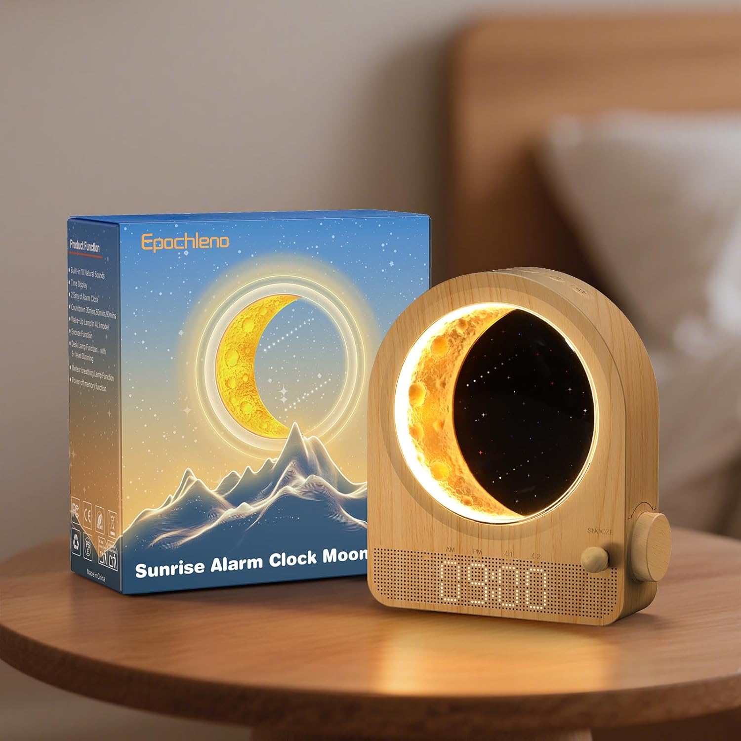 Sunrise Alarm Clock, White Noise Machine & Meteor Moonlight – 10 Soothing Sounds, Dual Alarms, 30/60/90min Timer, Easy Snooze – Bedroom Gift for Insomnia Adults/Women – Wood Grain