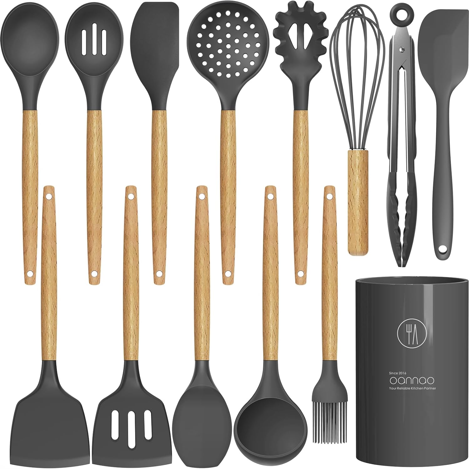 oannao Silicone Cooking Utensils Kitchen Utensil Set – 446°F Heat Resistant Silicone Kitchen Utensils Set, Spatula,Turner Tongs, Spoon, Whisk,Kitchen Gadgets for Nonstick Cookware, BPA Free (Gray)