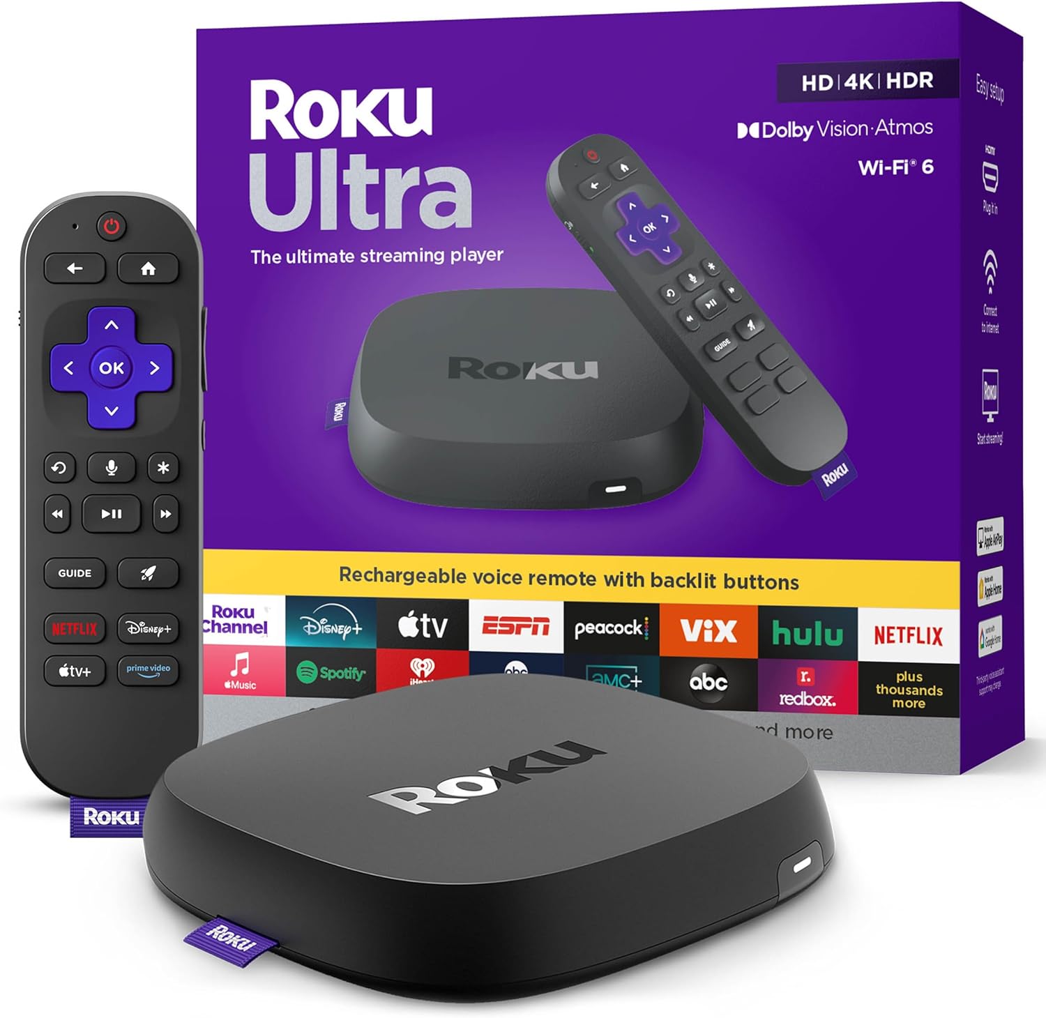 Roku Ultra – Ultimate Streaming Player – 4K Streaming Device for TV with HDR10+, Dolby Vision & Atmos – Bluetooth & Wi-Fi 6 – Rechargeable Voice Remote Pro with Backlit Buttons – Free & Live TV