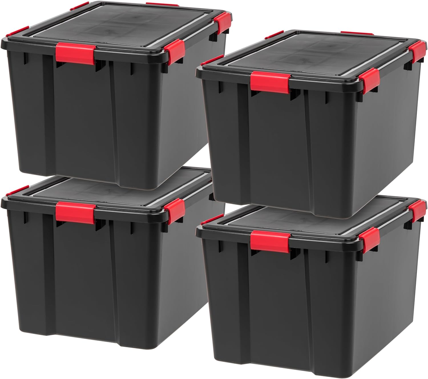 IRIS USA WeatherPro 74 Qt Storage Bins with Lids, 4 Pack, BPA-Free Plastic Gasket Box with Tight Latch and Seal, Stackable Nestable Tote Tub – Black/Red