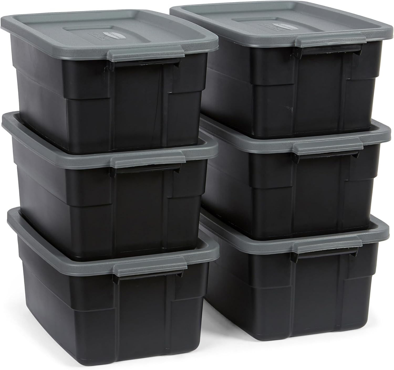 Rubbermaid 6-Pack Heavy Duty Durable 3 GAL Totes for Storage with Snap Lids and Handles, Plastic Storage Bins Stackable Black Gray for Home and Garage (3 GAL – 6 Pack Solid Black and Grey)