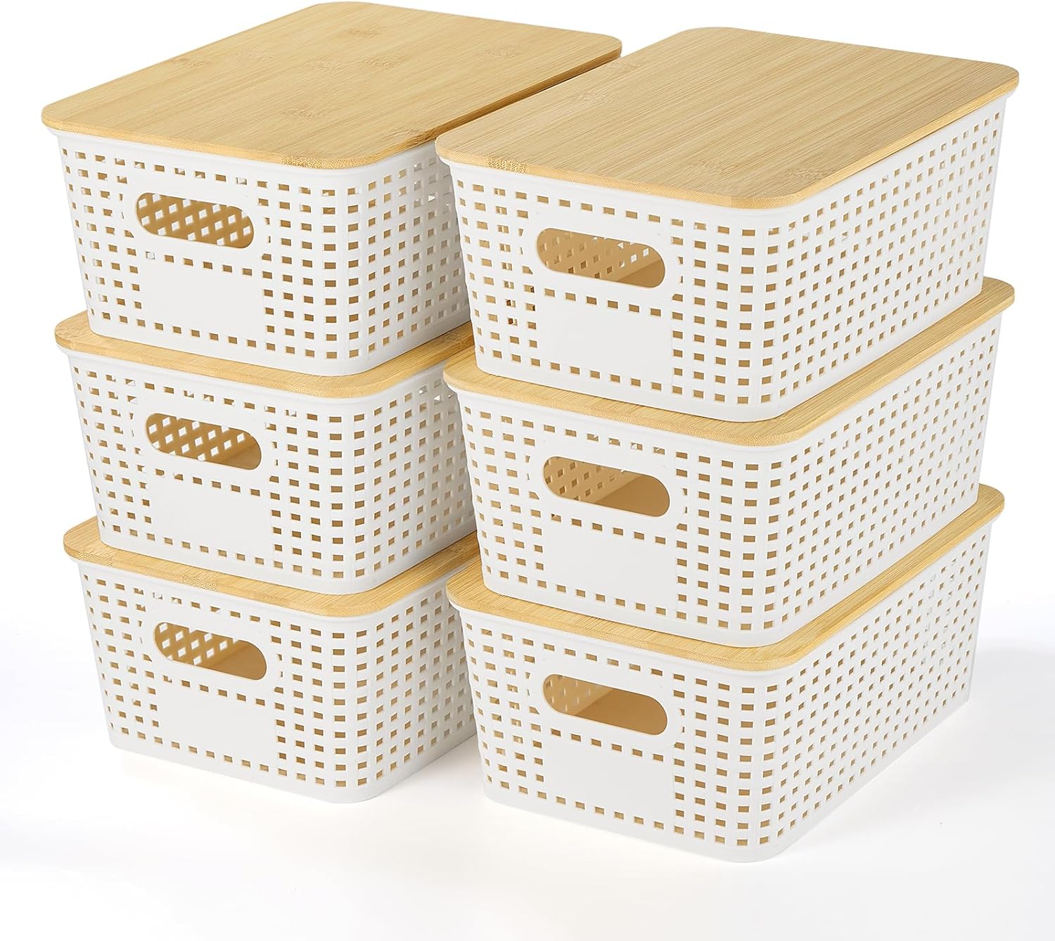 Ohmlove Plastic Storage Baskets With Bamboo Lid – Plastic Storage Containers Stackable Storage bins: Storage Baskets for Organizing Shelves Drawers Desktop Closet Playroom Classroom Office, 6 Pack