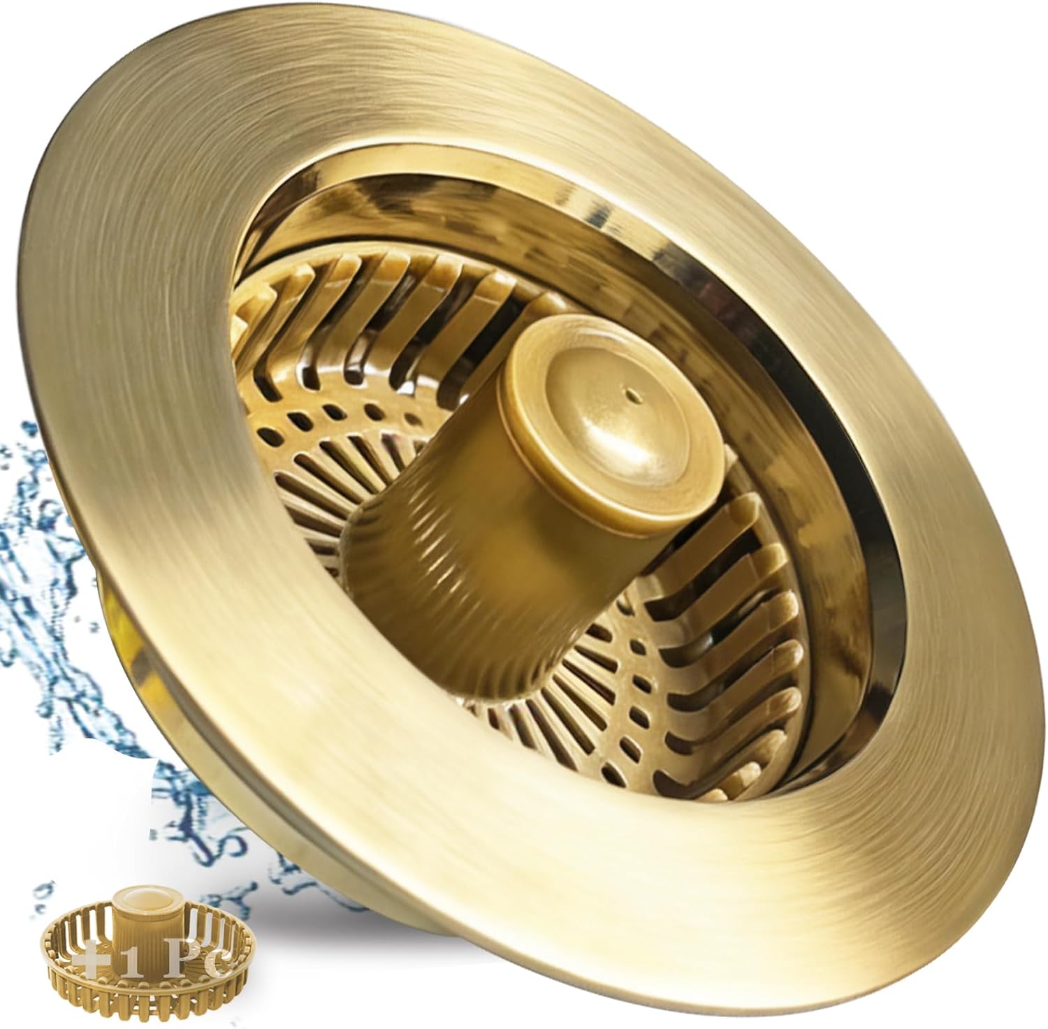 BAOLSLS Kitchen Sink Drain Strainer, 3 in 1 Pop up Kitchen Sink Stopper, with an Extra Basket Strainer, for US Standard 3-1/2 Inch Drain, Copper Material, Brushed Gold