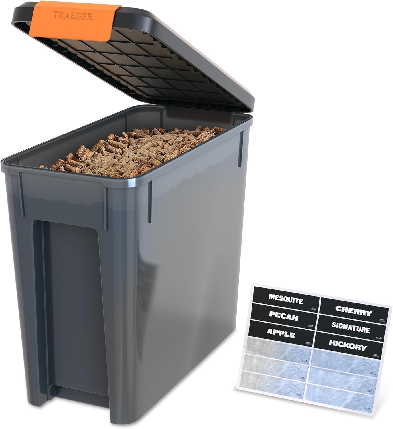 Traeger Grills BAC637 Stay Dry Pellet Storage Bin with Locking Lid, 22lb Capacity Wood Pellet Container with Flavor Stickers, Stackable Design, Airtight Storage for Grill Pellets