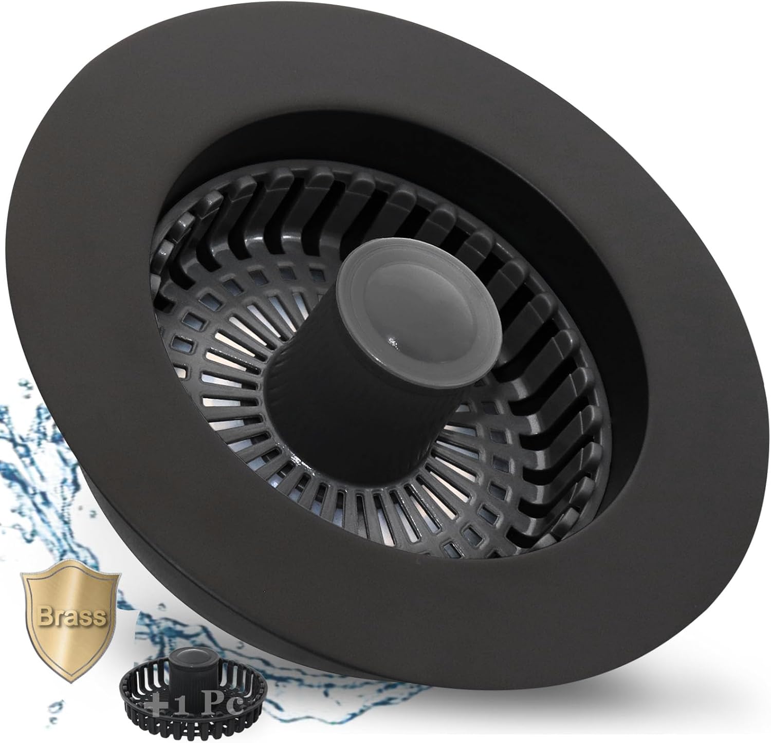 BAOLSLS 3 in 1 Kitchen Sink Stopper, Pop Up Kitchen Sink Drain Strainer, with an Extra Basket Strainer, Kitchen Sink Drain Stopper for US Standard 3-1/2 Inch, Brass Material Electroplate Black