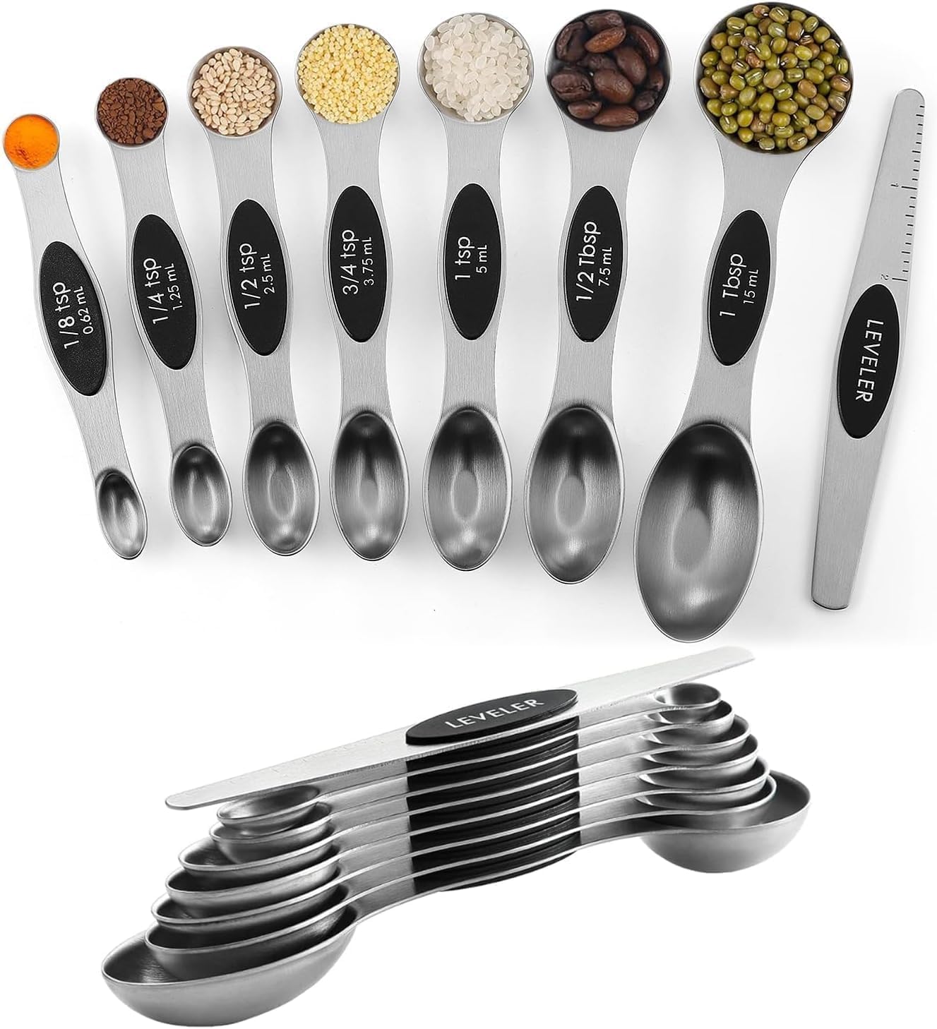 ChefAide Pack of 8 Stainless Steel Magnetic Measuring Spoons Set, Dual Sided, Stackable, Adjustable Teaspoon and Tablespoon Measure Spoon with Leveler, Kitchen Gadgets Set 5