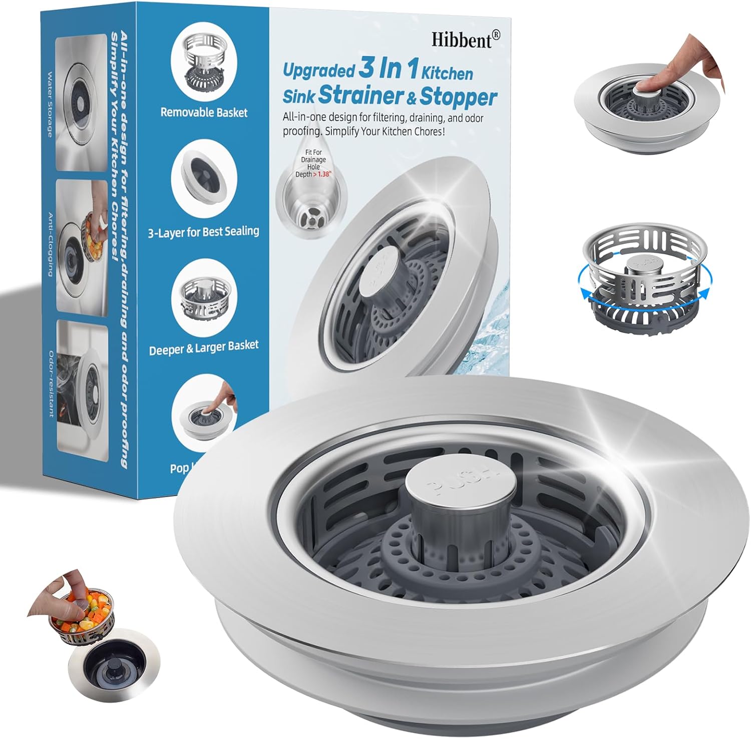 Hibbent Upgraded 3 in 1 Kitchen Sink Drain Strainer, Stainless Steel Pop Up Sink Stopper, Larger Anti-Clogging Basket, 3-Layer Seal, Detachable Drain Plug for US Standard 3-1/2″ Drain, Brushed Nickel
