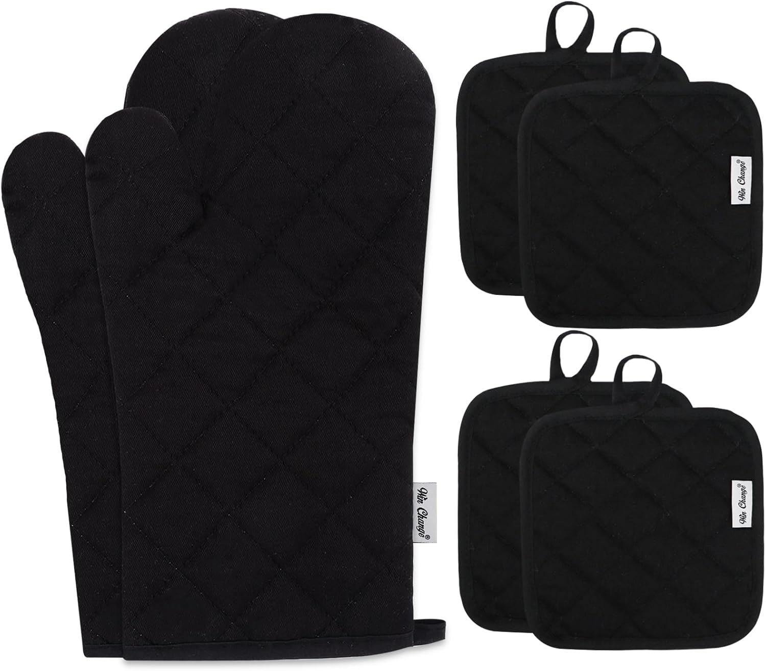 Oven Mitts and Pot Holders Sets,6 Pcs Oven Mitts and Potholders with Recycled Cotton High Heat Resistant Extra Thick Long Oven Mitts for Cooking(Black)