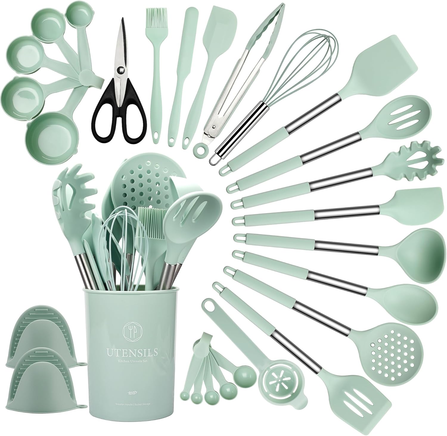 QMVESS Silicone Cooking Utensils Set, 28 Pcs Non-Stick Kitchen Utensils Set with Holder, 446°F Heat Resistant Spatula, Tongs, Spoons Set with Stainless Steel Handle Kitchen Gadgets (Light Green)