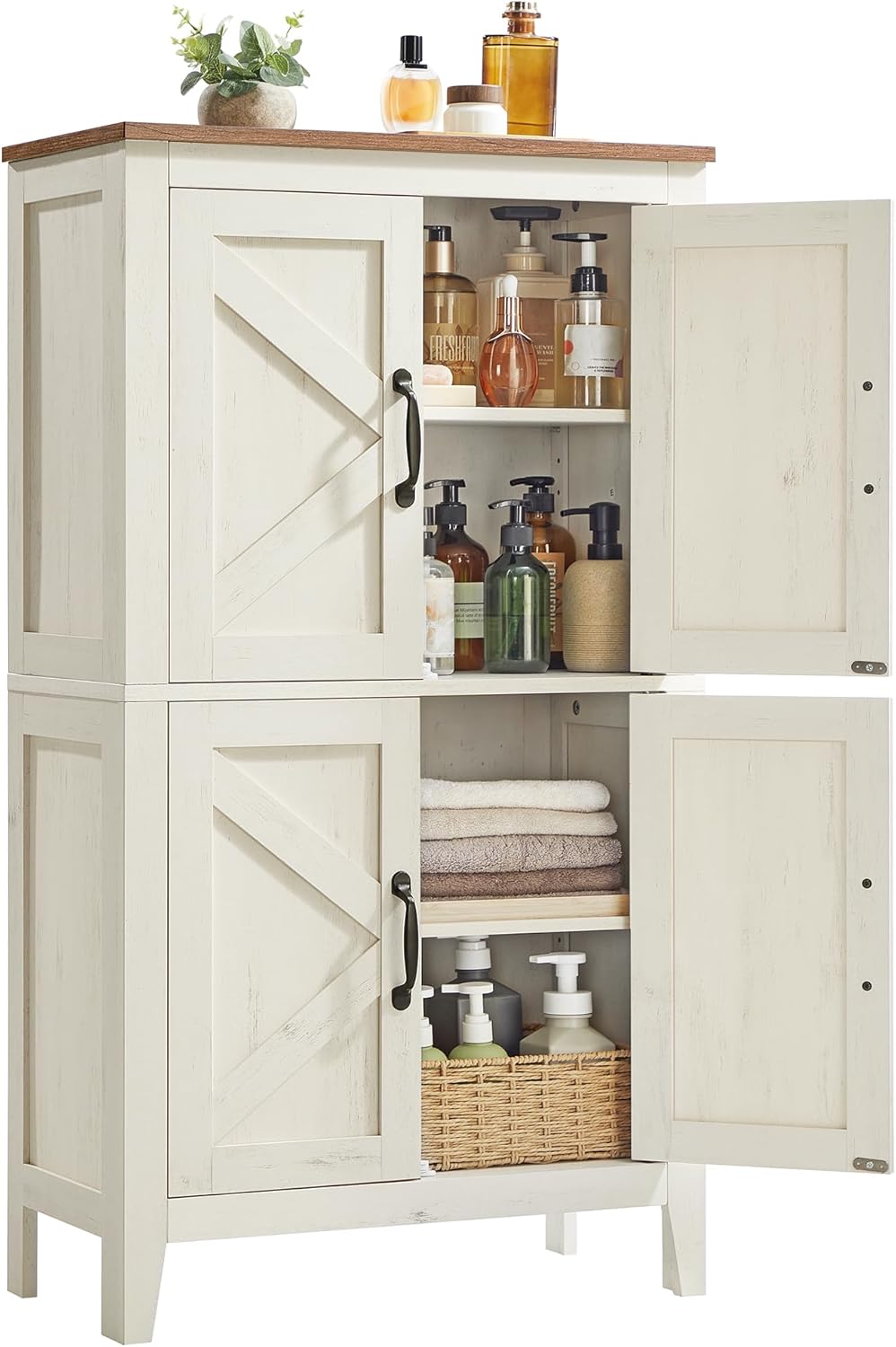 VASAGLE LIRY Collection – Farmhouse Storage Cabinet, Bathroom Floor Cabinet with Barn Doors, Freestanding Kitchen Pantry, Adjustable Shelves, for Dining Room, Living Room, Rustic White, UBBK773W01