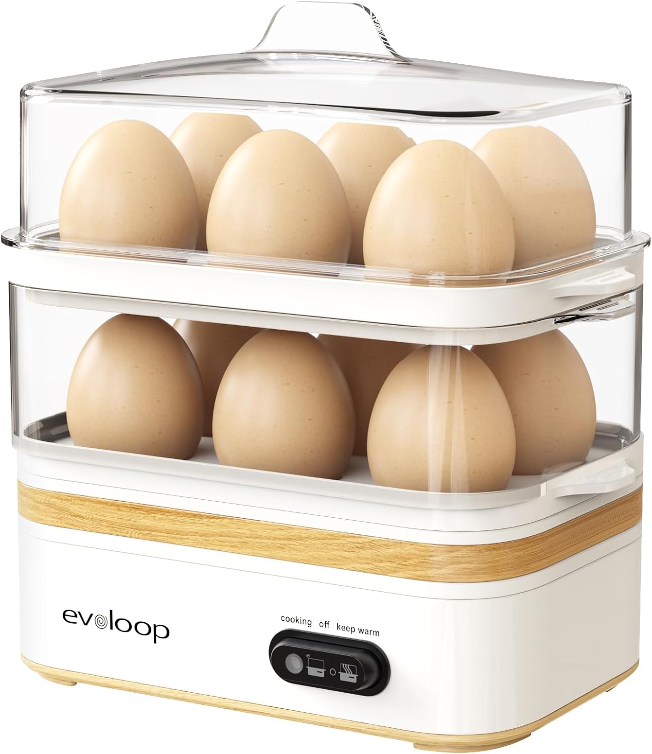 Evoloop Rapid Egg Cooker Electric 12 Eggs Capacity, Soft, Medium, Hard Boiled, Poached, Omelet Maker Egg Poacher & Vegetable Steamer, BPA Free Tray（white）