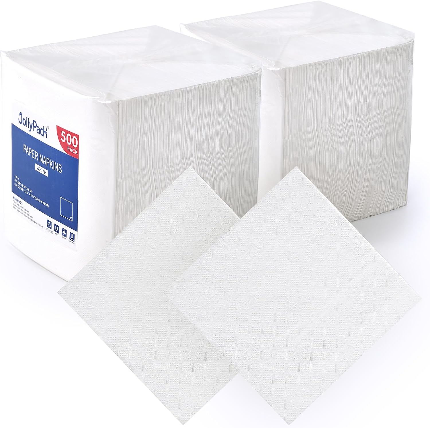 JollyPack 1000 Count White Paper Napkins – 1-Ply 6.5 x 6.5 Folded Bulk Disposable Beverage Cocktail Napkins, Dinner Paper for Restaurants, Bars and Parties – 13 x 13 Unfolded