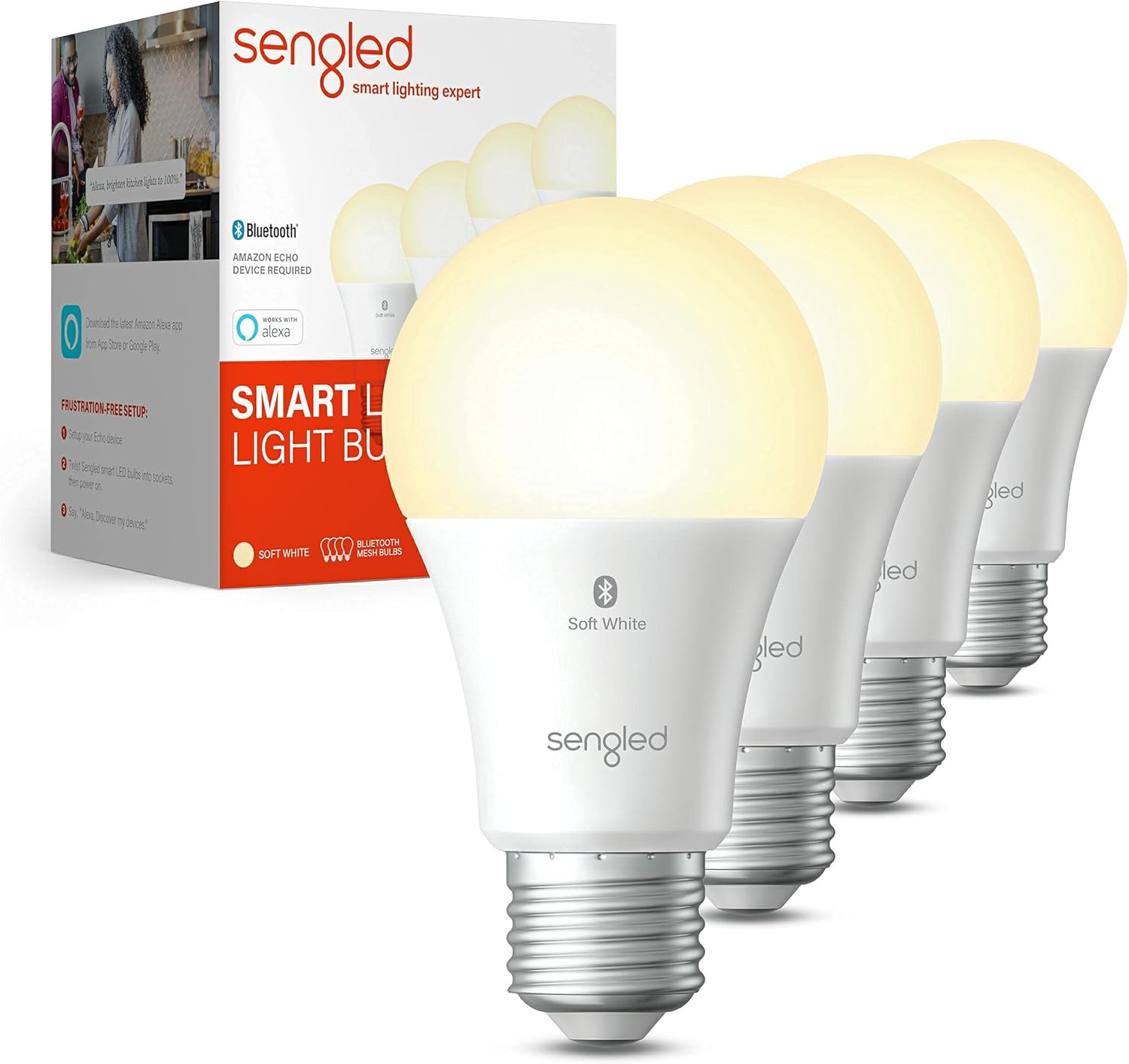 Sengled Alexa Light Bulb, S1 Auto Pairing with Alexa Devices, Warm Light Bulbs, Smart Light Bulbs that Work with Alexa, Bluetooth Mesh Smart Home Lighting, E26 60W Equivalent, 800LM, 4-Pack