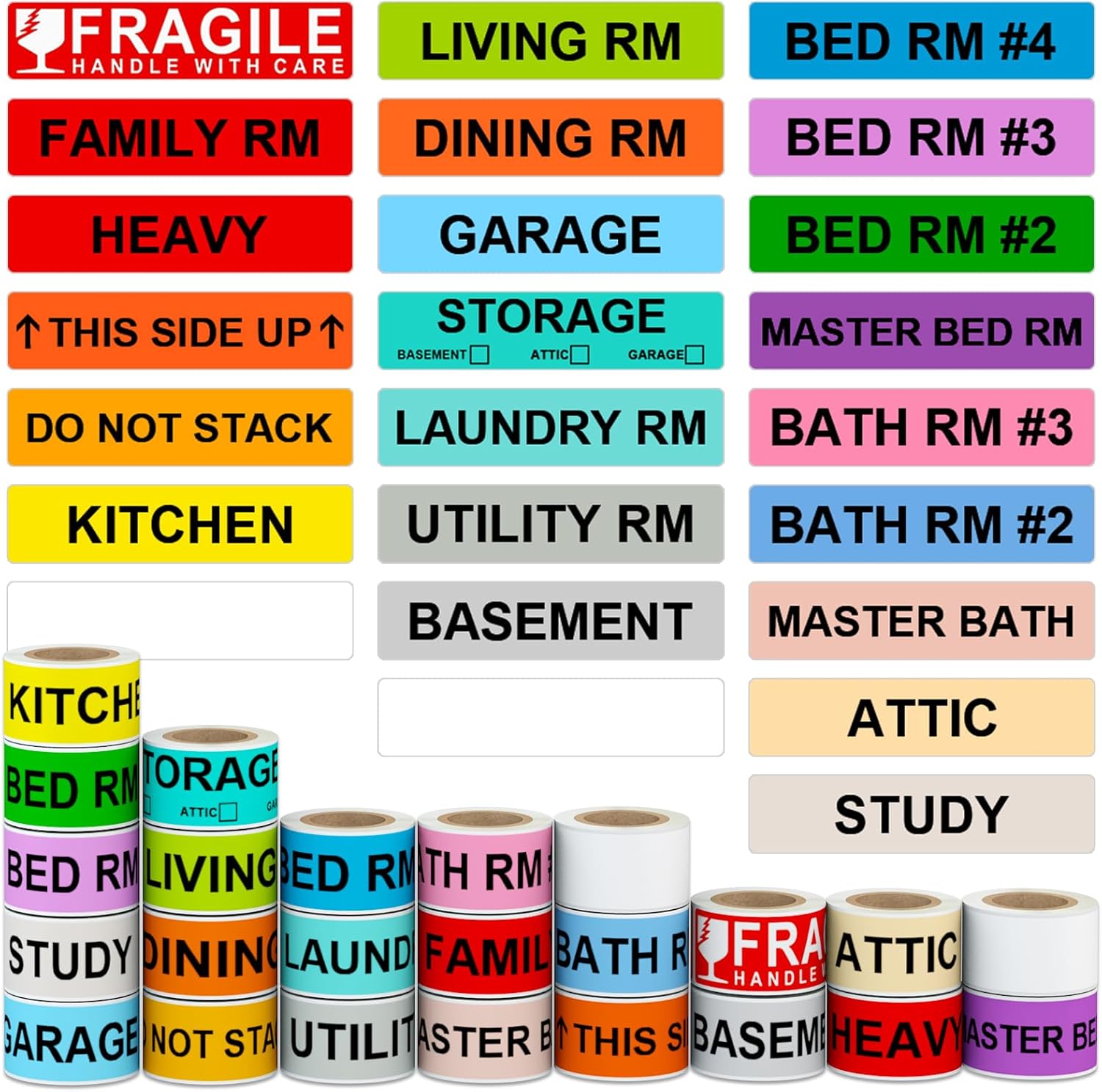 Moving Box Labels – 1440 PCS (24 Rolls) Color Coded Room Stickers, 1”x4.5” Strong Adhesive Home Packing Stickers for Boxes of Bedroom, Kitchen, Garage, Fragile & Heavy Item Warning Labels, BIAlabel