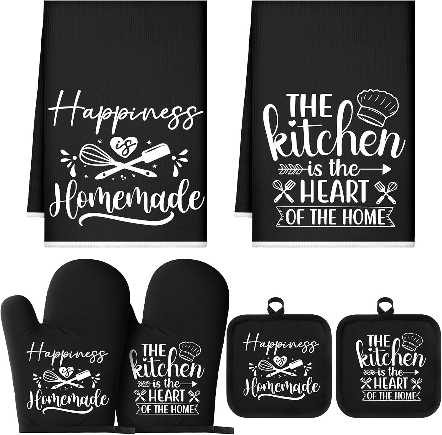 Sratte 6 Pcs Kitchen Decor Accessories Set Farmhouse Towels Pot Holders Oven Mitts Set 2 Dish Towels 2 Potholders 2 Cooking Mittens Oven Glove for Christmas Baking Cooking Supply(Black,Kitchen)