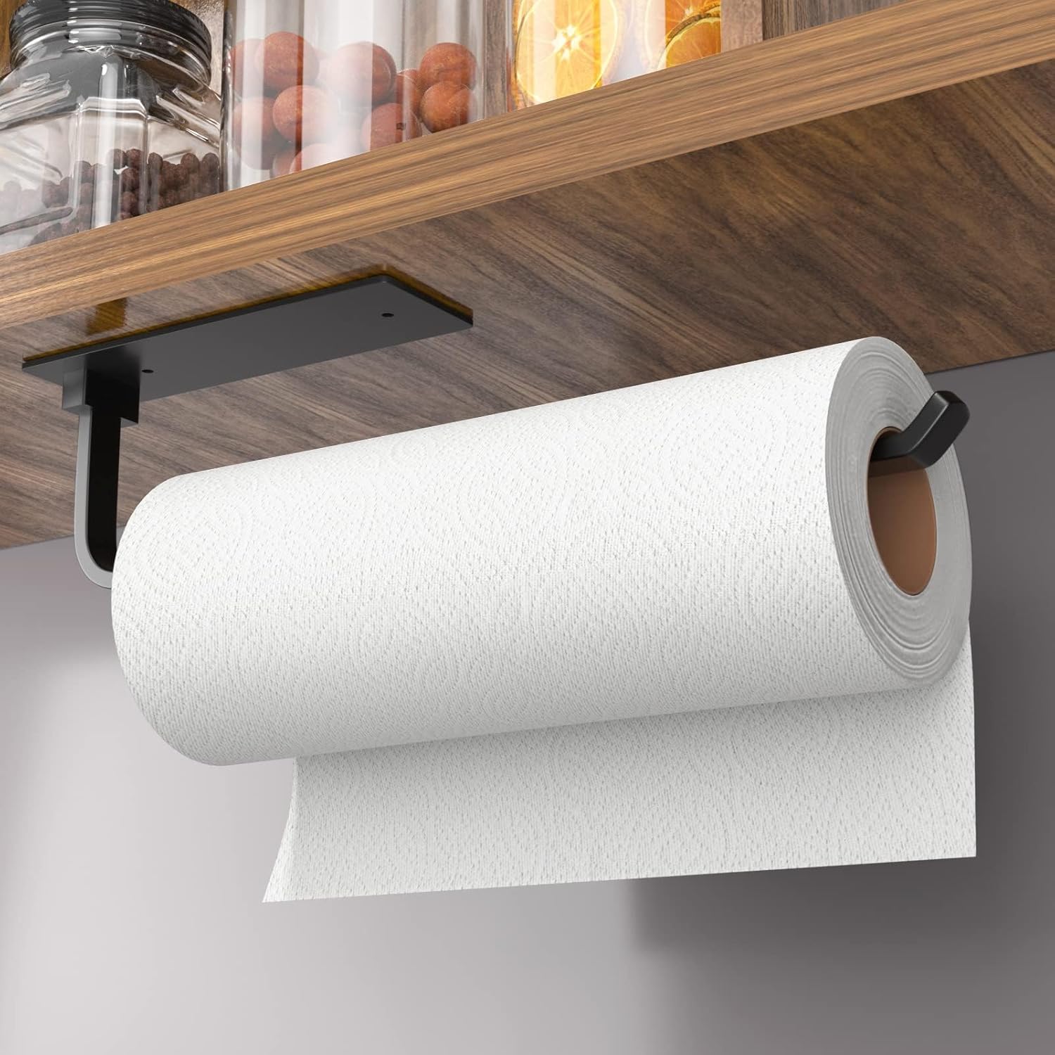 Paper Towel Holder – Self-Adhesive or Drilling, Matte Black, Upgraded Aluminum Kitchen Roll Dispenser Under Cabinet, Lighter but Stronger Than Stainless Steel!