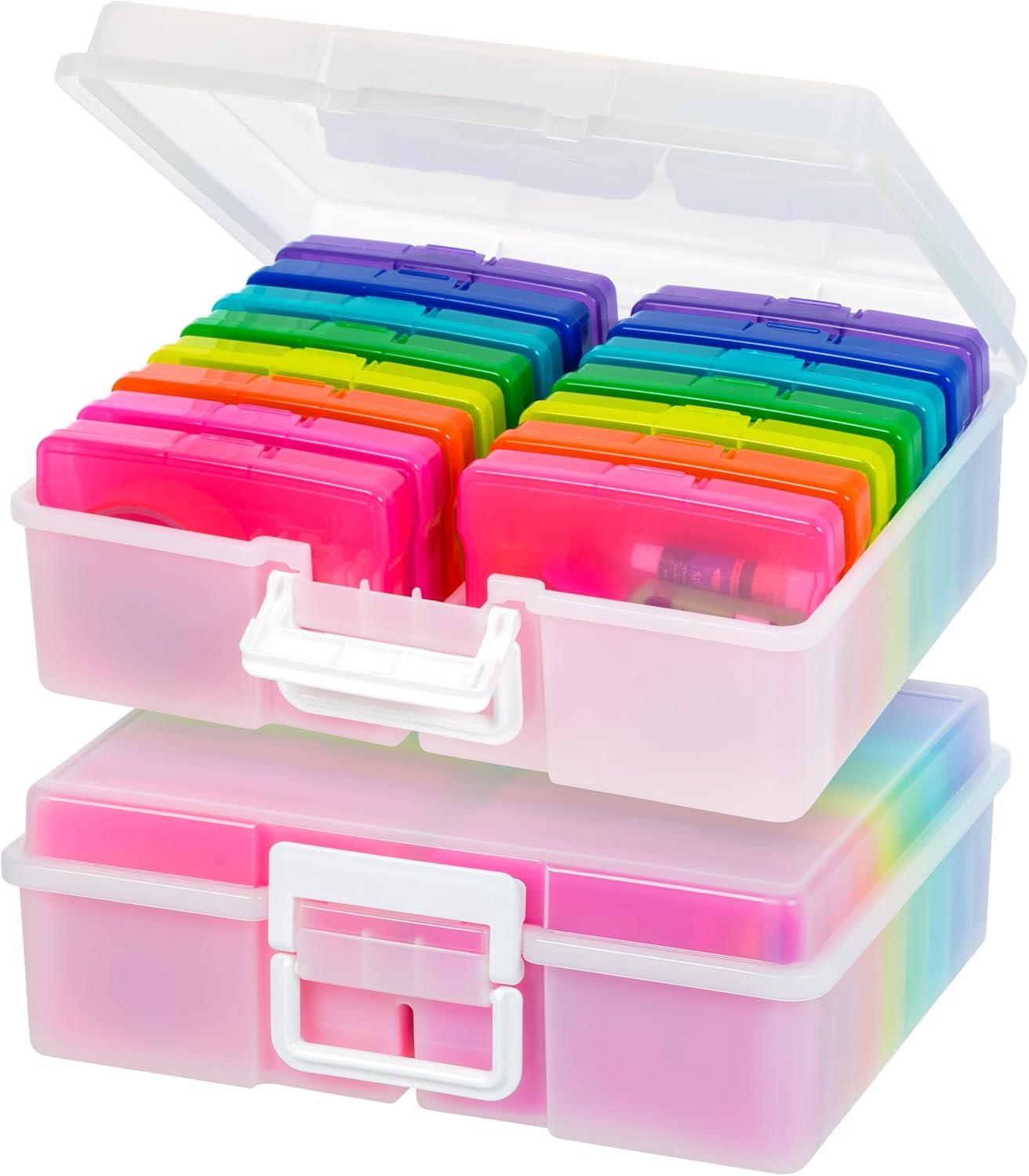 IRIS USA 4″ x 6″ |Made in USA| 2-Pack Photo Organizers and Picture Storage Box with Handle, 16 Inner Cases/Containers for Tasks, Stickers, Ephemera, & Flashcards – Pearl/Multi-Color