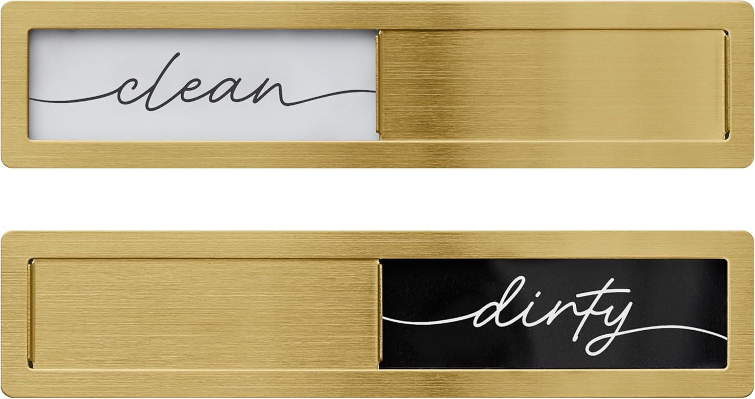 Stainless Steel Clean Dirty Magnet for Dishwasher, Gold Script Dishwasher Magnet Clean Dirty Sign, Premium Clean/Dirty Dish Washer Magnets with Protective Backing, Rustic Kitchen Dish Sign