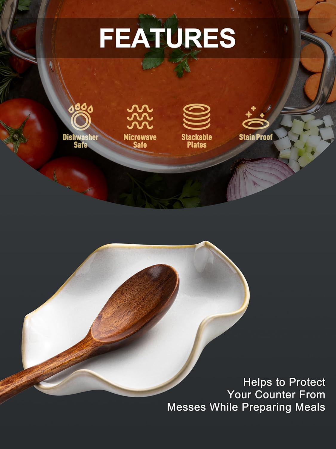 Miamolo Spoon Rest for Stove Top, Spoon Holder for Stove, 5.3In Ceramic Spoon Rest for Kitchen Counter, Coffee Spoon Holder with Ruffled Edge, Farmhouse Spatula Holder for Kitchen Decor, Beige