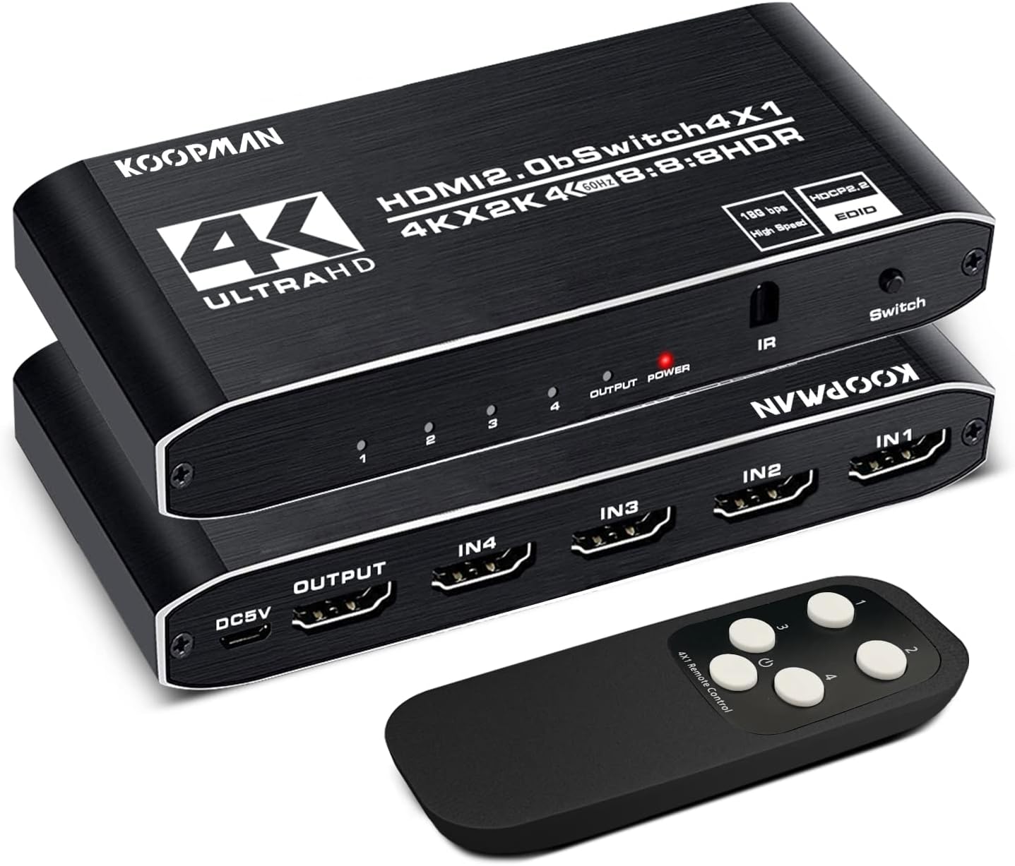 4k HDR HDMI Switch, Koopman 4 Ports HDMI 2.0 Switcher Selector with IR Remote Control, Supports HDCP 2.2 4K@60Hz UltraHD HDR10 3D HD1080P Dolby DST, HDMI Splitter for PS4 Xbox Apple TV Fire Stick