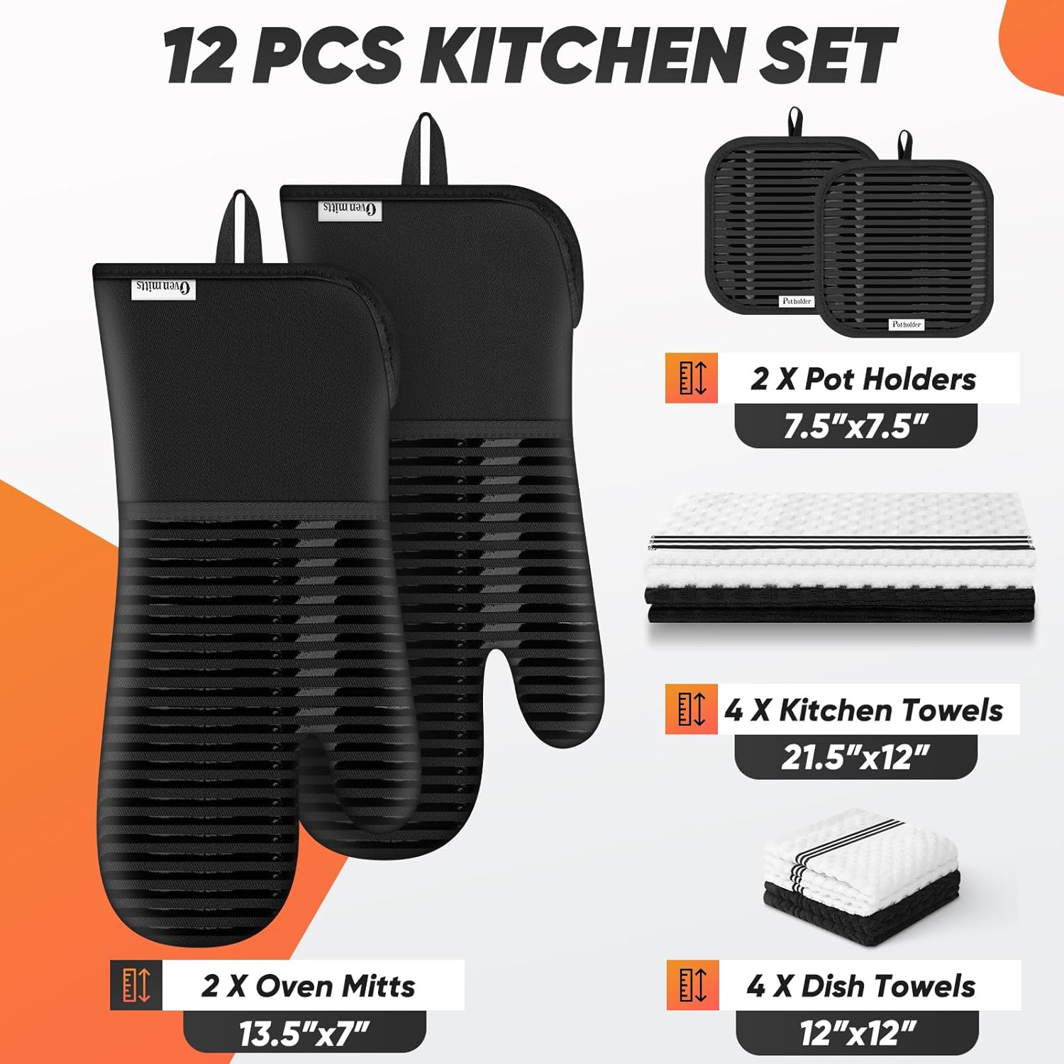 Oven Mitts Kitchen Towels and Dishcloths with Pot Holders Sets, Oven Gloves Hot Pads 500°F Heat Resistant with Silicone Grip, Include 2 Cooking Gloves/2 Potholders/4 Kitchen Towels/4 Dish Towels