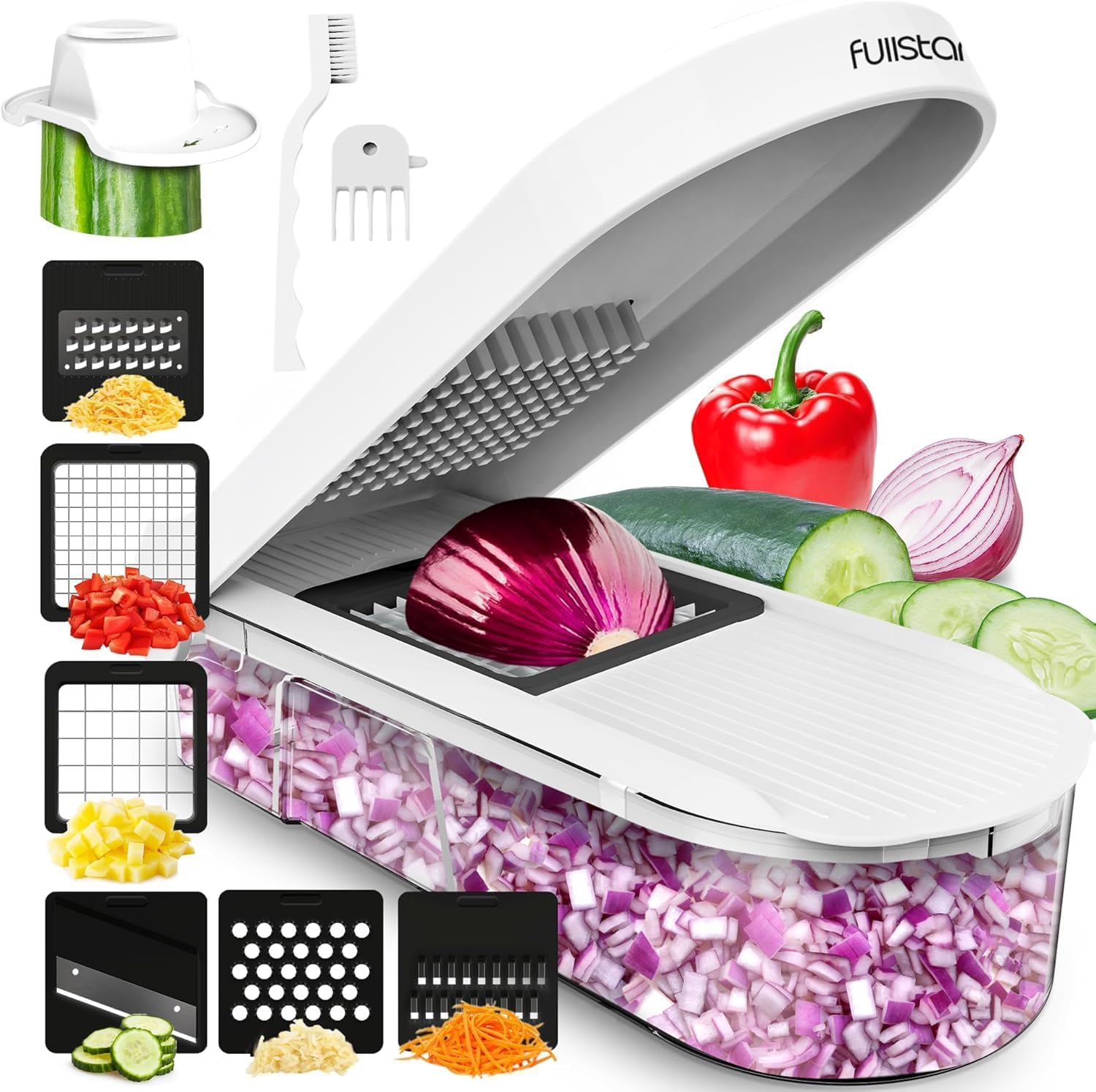 Fullstar Mandoline Slicer for Kitchen – Vegetable Chopper, Onion Potato Food Veggie Fruit Slicer and Cutter with Container, Kitchen Gadgets & Accessories, Home Essentials (6-in-1, Full White)